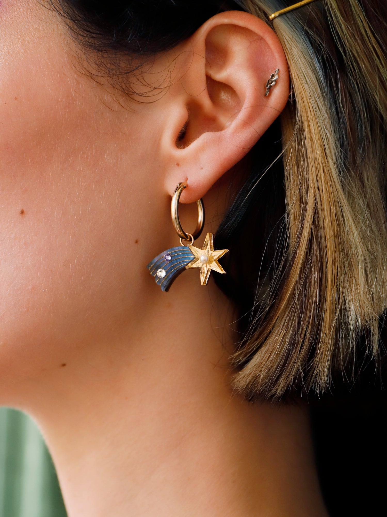 Shooting Star charm hoop earrings made with laser cut deep blue acrylic, Czech glass pearls and hand inked details. Wear with our 14k gold-filled hoops. Handmade in the UK by Wolf & Moon.