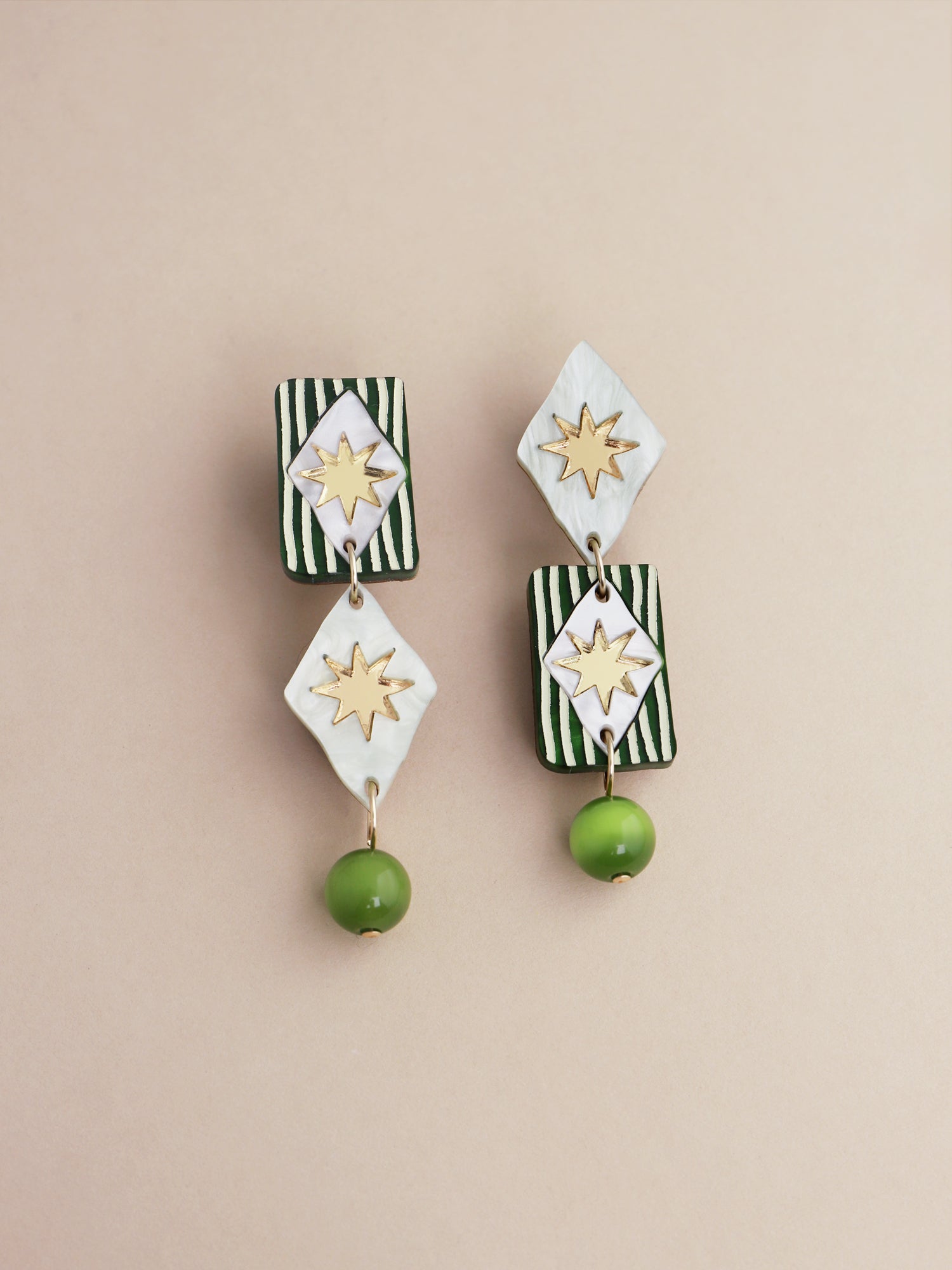 Allegra Earrings in Jade featuring hand-inked acrylic and glass bead design, handmade in UK by Wolf & Moon.