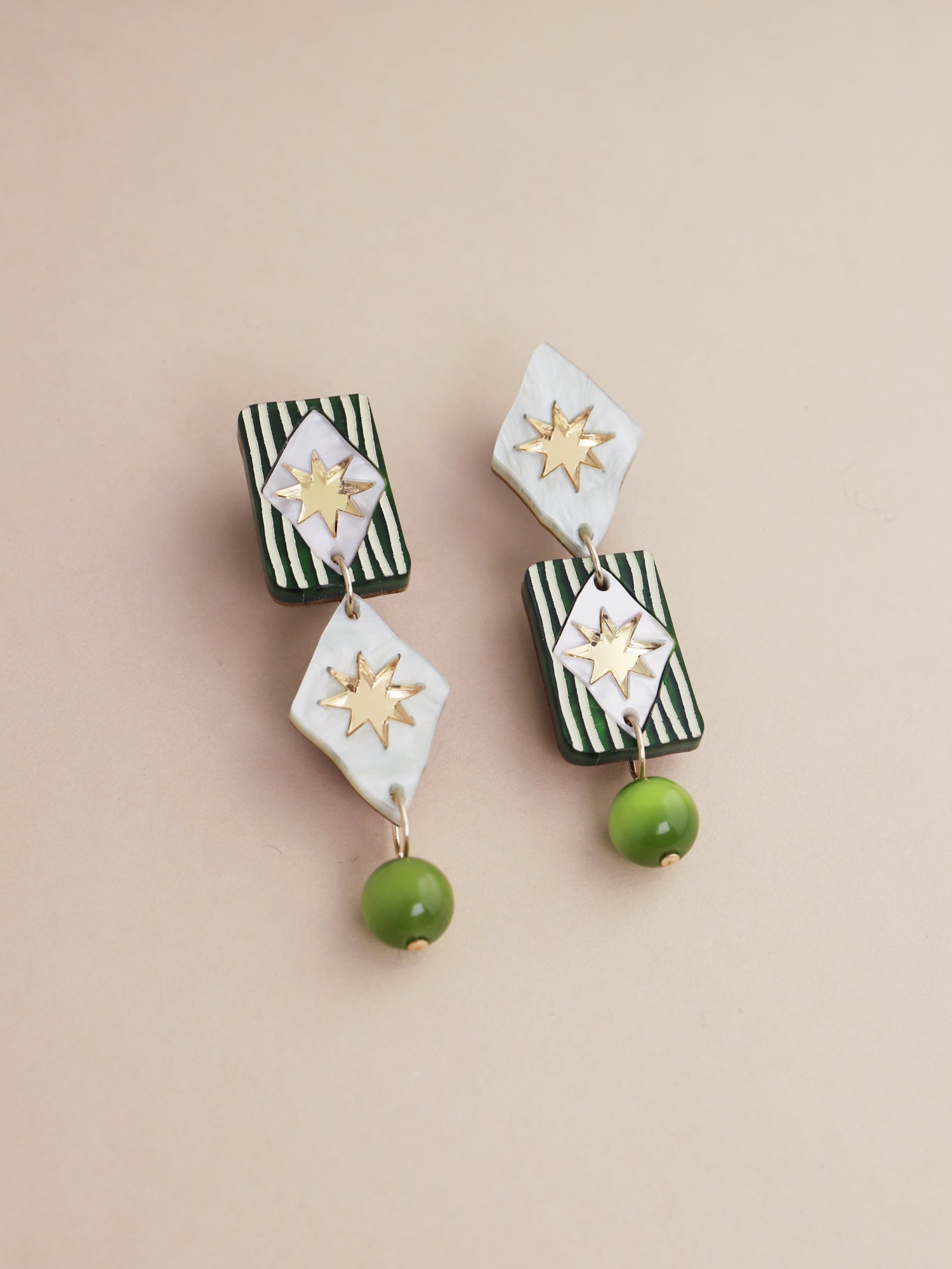 Allegra Earrings in Jade featuring hand-inked details, lightweight design, handmade in UK by Wolf & Moon.