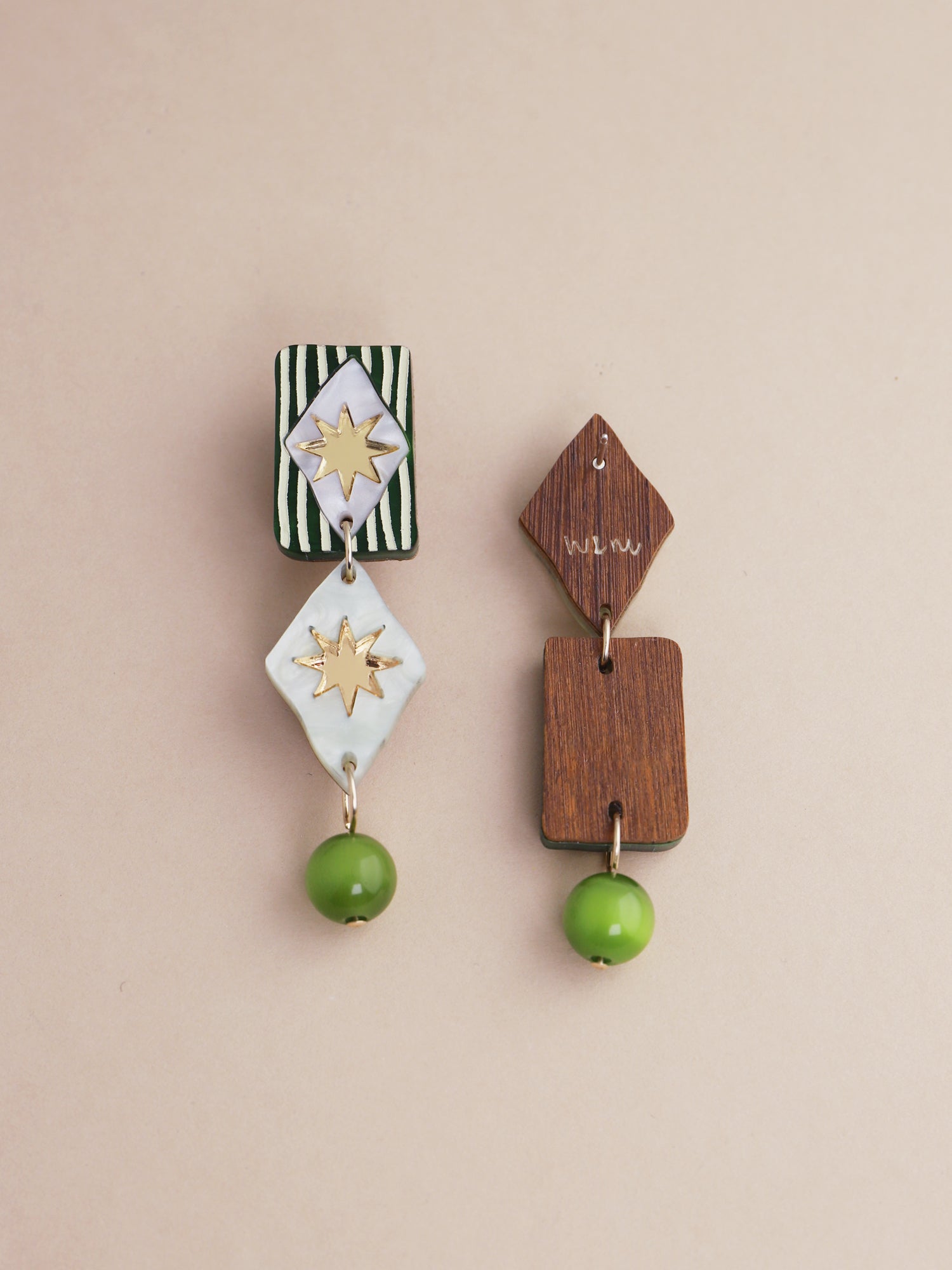 Allegra Earrings in Jade featuring hand-inked acrylic and glass beads, handmade in UK by Wolf & Moon.