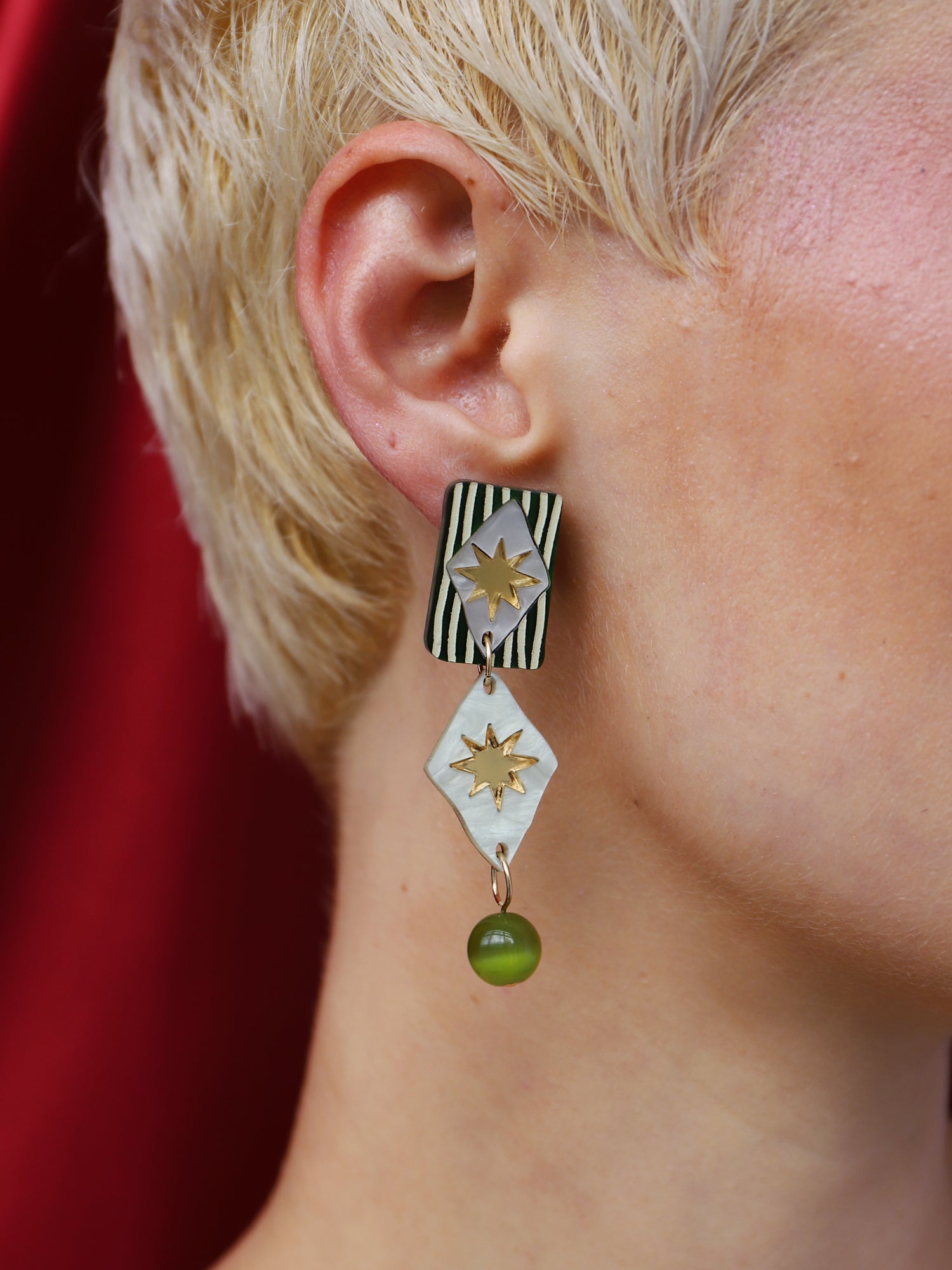 Allegra Earrings in Jade showcasing unique design, handmade in UK by Wolf & Moon, perfect for cocktail hour.