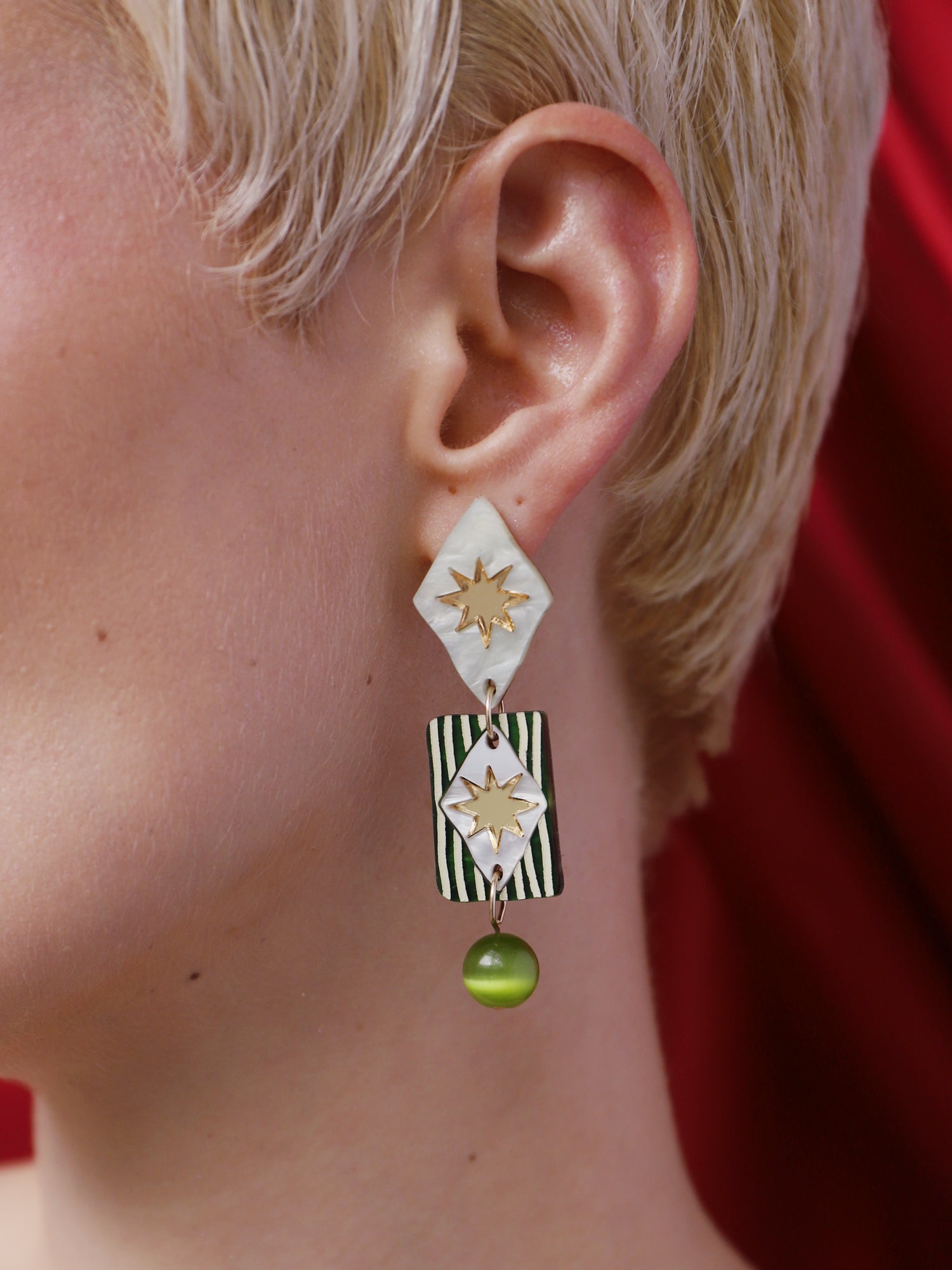 Allegra Earrings in Jade featuring hand-inked acrylic, glass beads, and sterling silver posts, handmade in UK by Wolf & Moon.