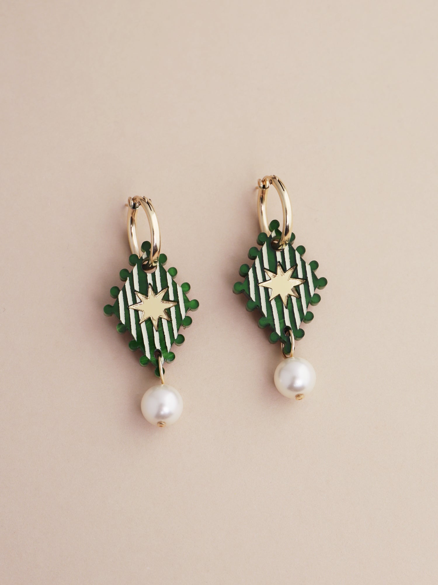 Cirque Hoops in Jade, handmade in UK by Wolf & Moon, featuring green hand-inked acrylic and glass pearl details.