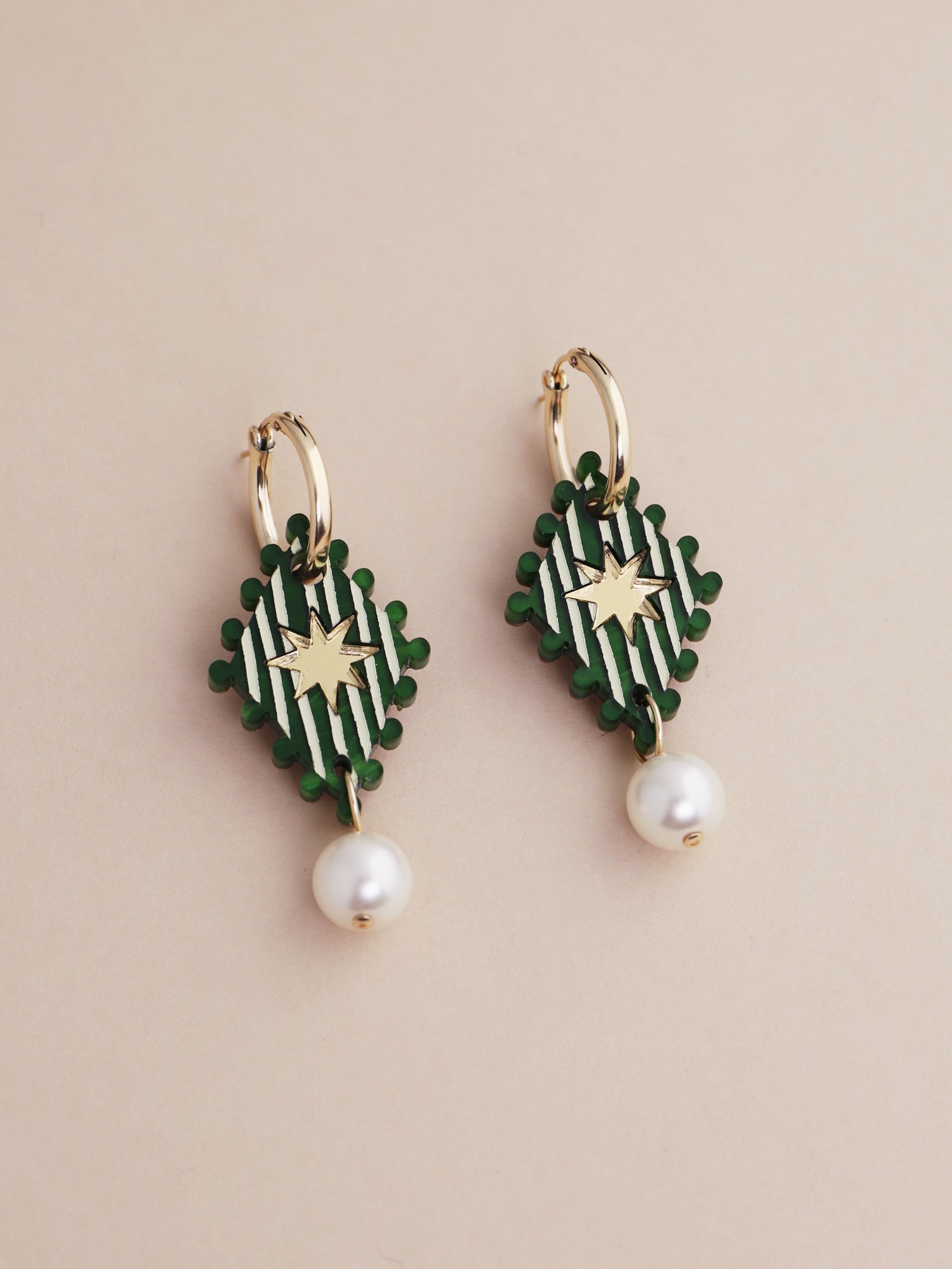 Cirque Hoops in Jade - handmade earrings by Wolf & Moon, featuring glass pearl details and gold-filled hoops.