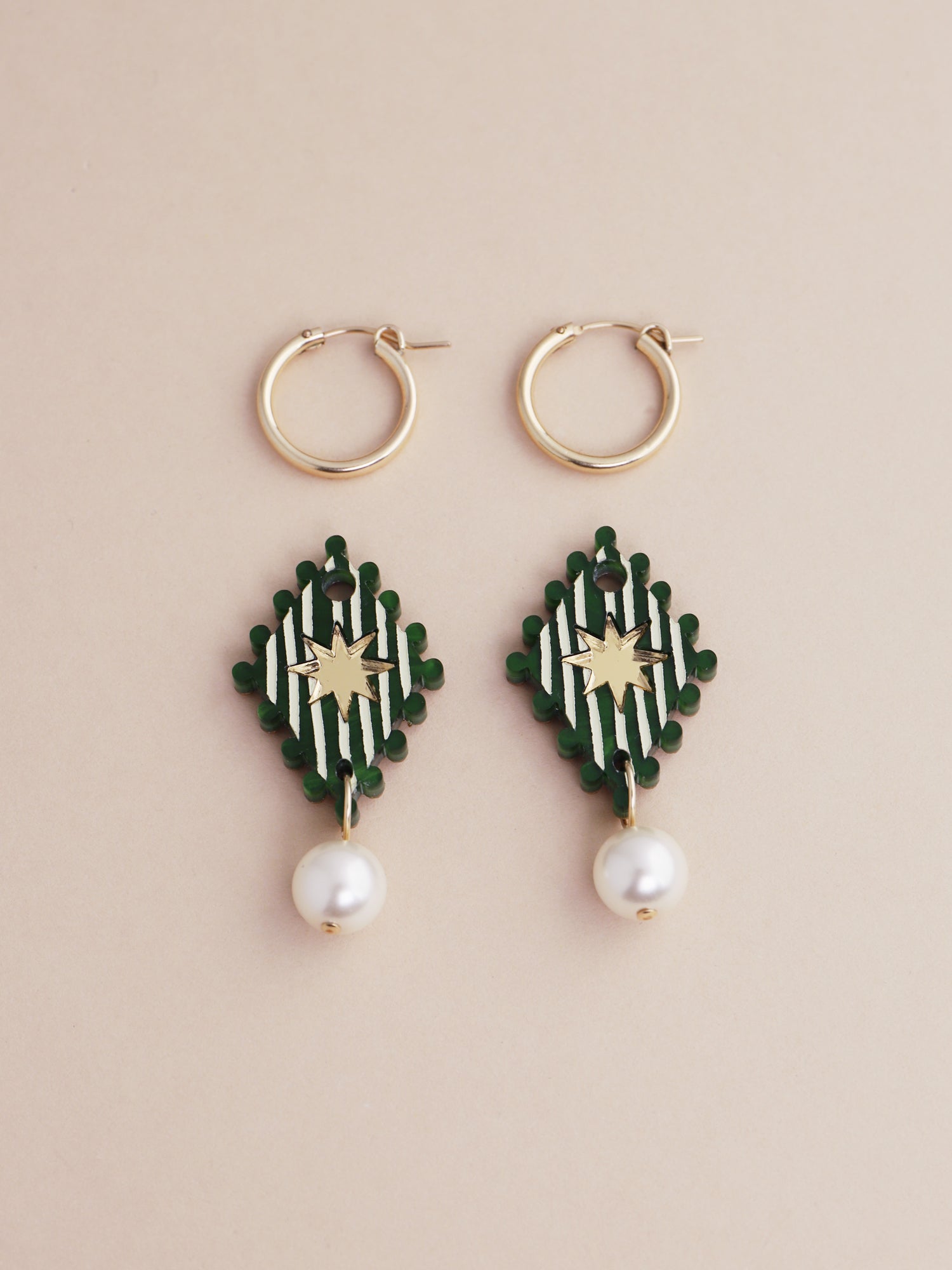 Cirque Hoops in Jade earrings by Wolf & Moon, handmade in UK, featuring hand-inked acrylic and glass pearl details.