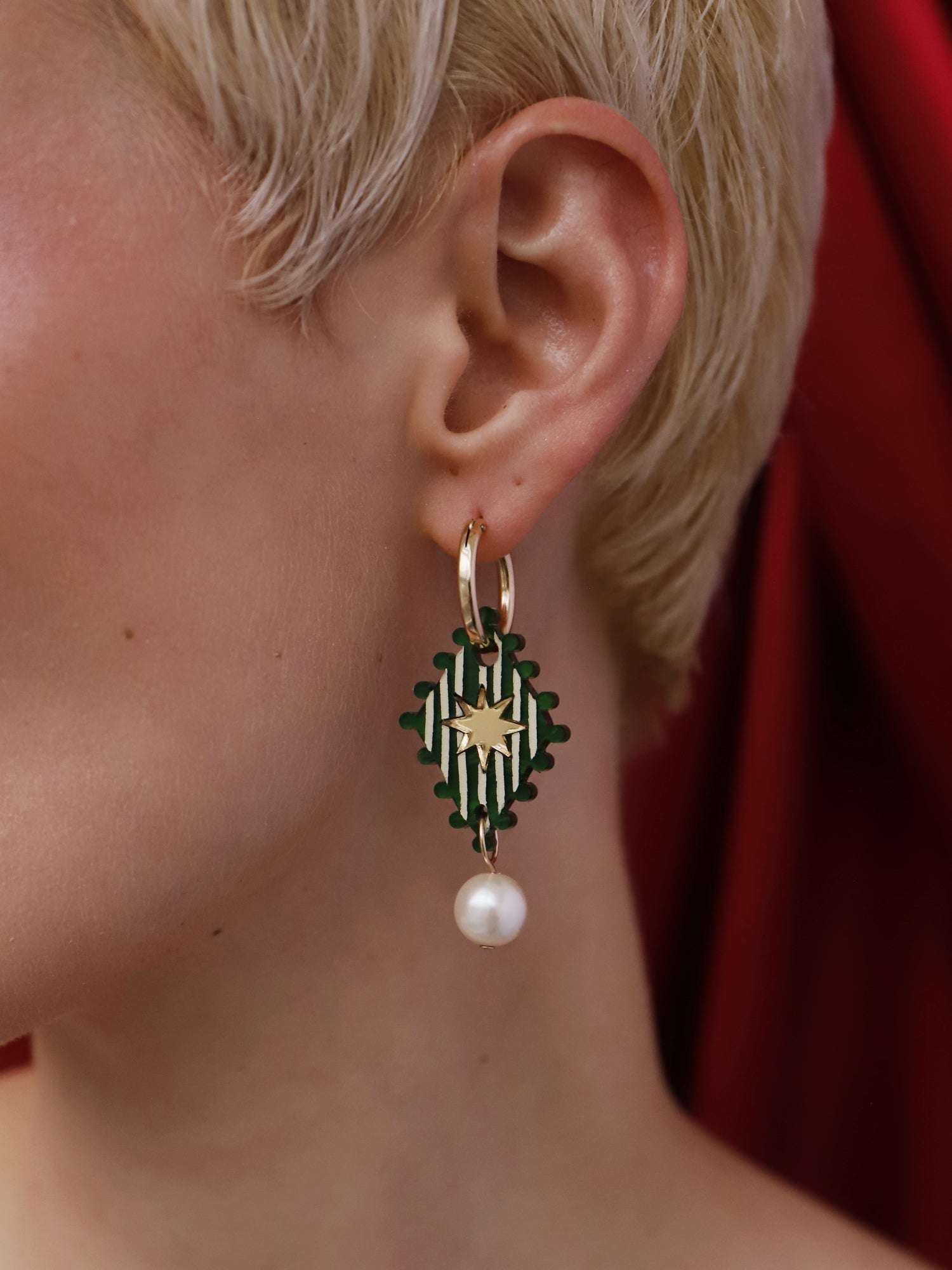 Cirque Hoops in Jade earrings with glass pearl details, handmade in UK by Wolf & Moon, showcased in a stylish close-up.