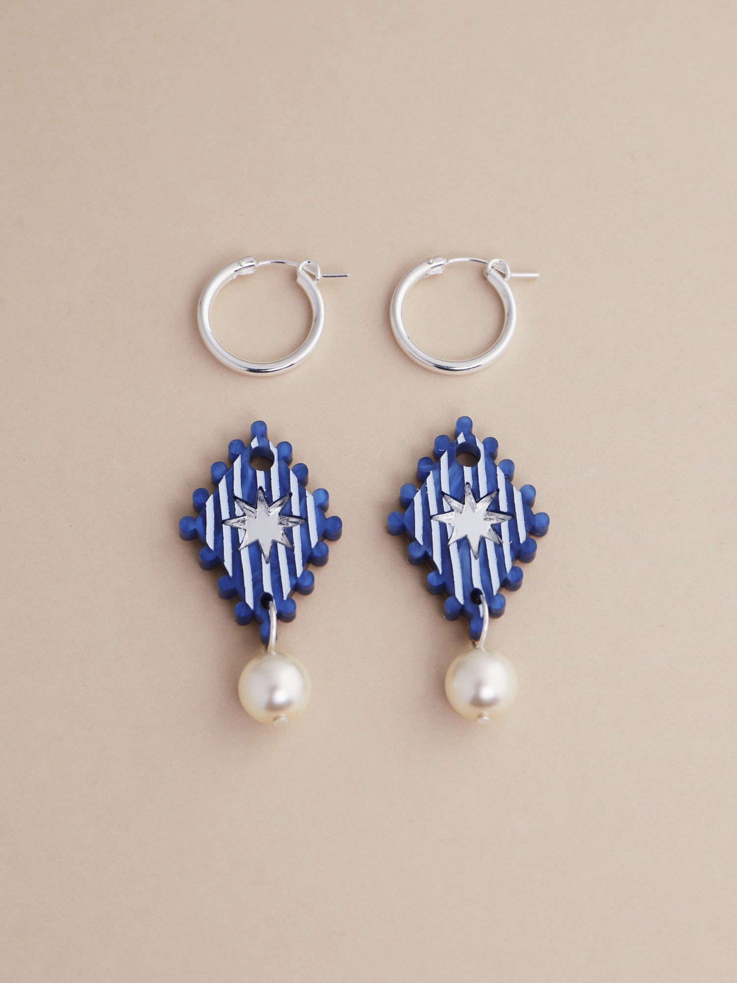 Cirque Hoops in Sapphire featuring handcrafted earrings with glass pearl details, handmade in UK by Wolf & Moon.