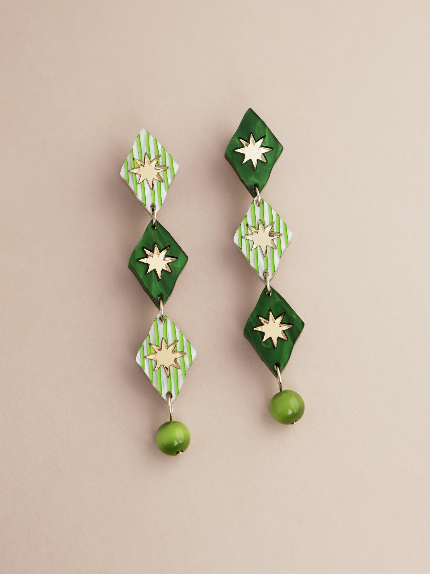 Harley Statement Earrings in Jade featuring hand-inked acrylic and glass bead details, handmade in UK by Wolf & Moon.