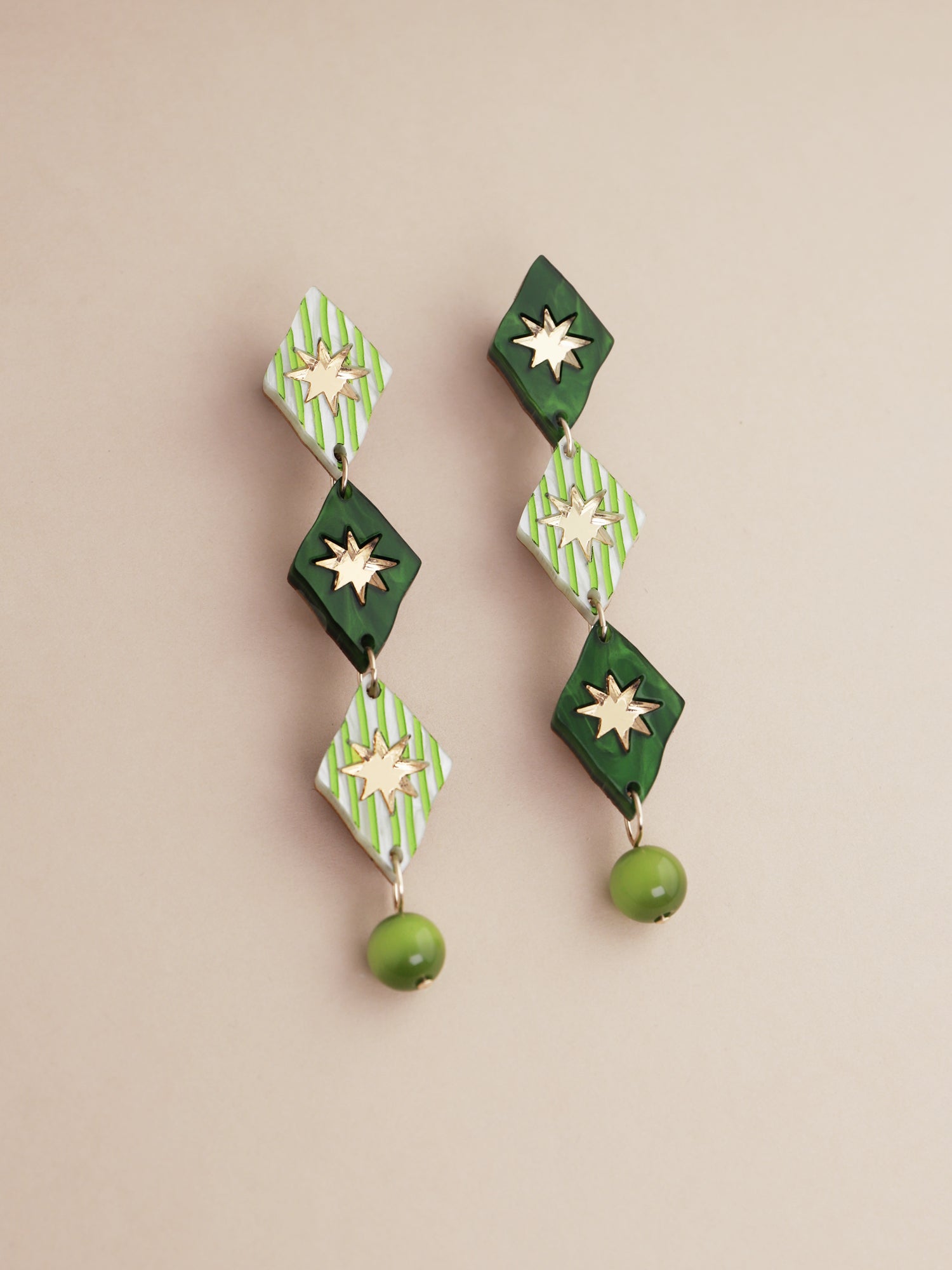 Harley Statement Earrings in Jade with intricate designs and glass bead details, handmade in UK by Wolf & Moon