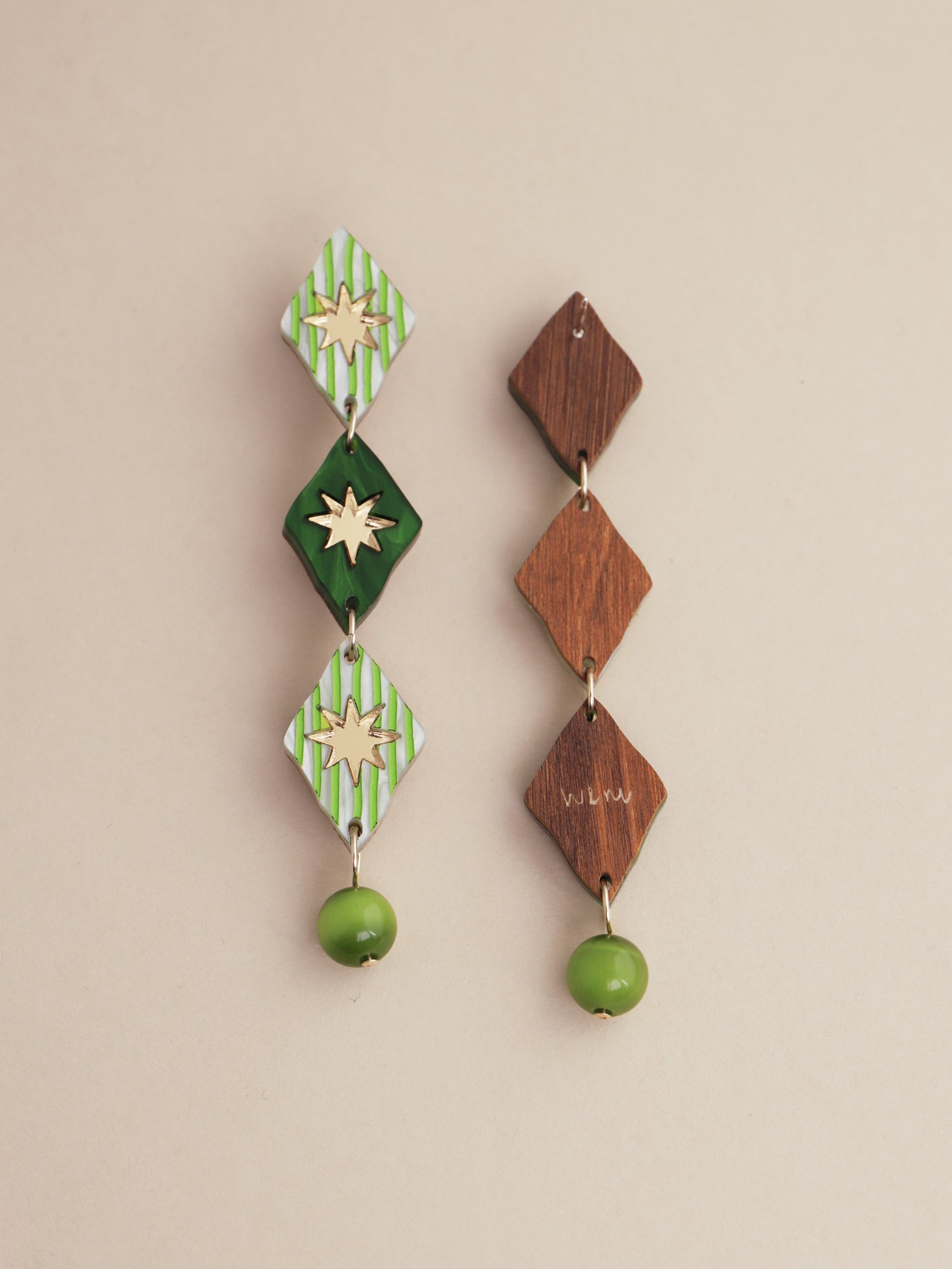 Harley Statement Earrings in Jade featuring hand-inked acrylic and glass bead details, handmade in UK by Wolf & Moon.