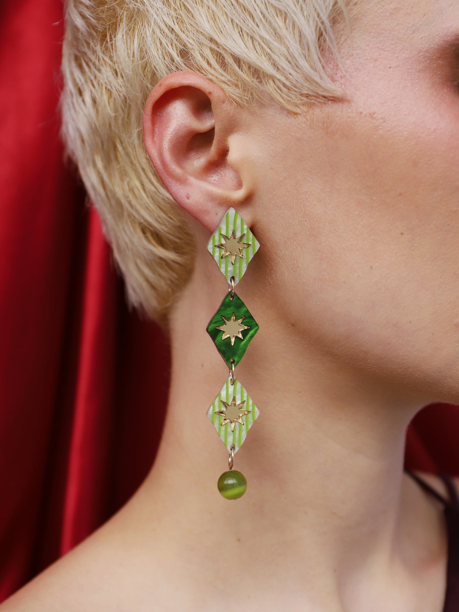 Harley Statement Earrings in Jade showcasing intricate design and hand-inked details, handmade in UK by Wolf & Moon.