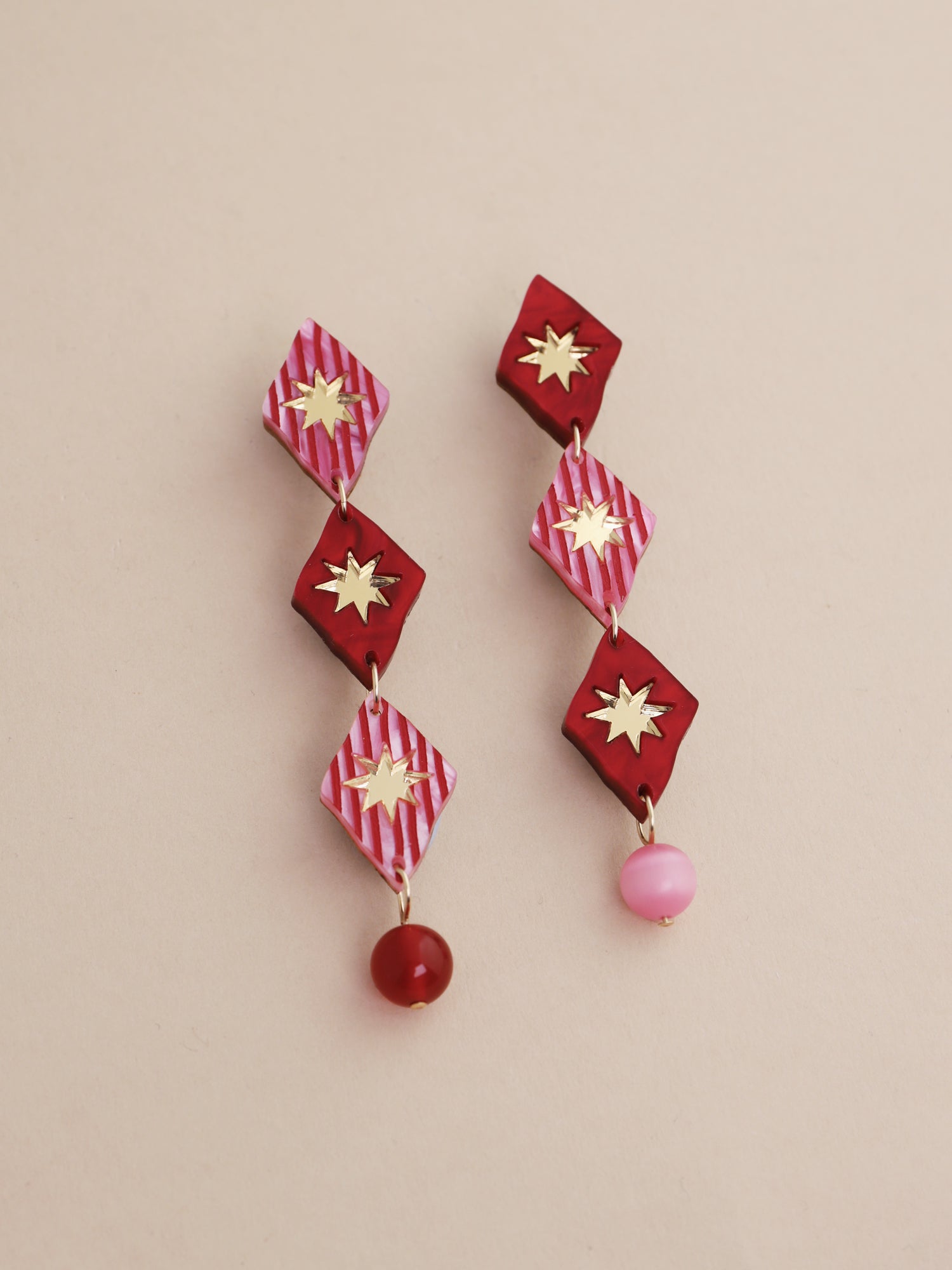 Harley Statement Earrings in Rose, handmade in UK by Wolf & Moon, featuring hand-inked details and bead embellishments.