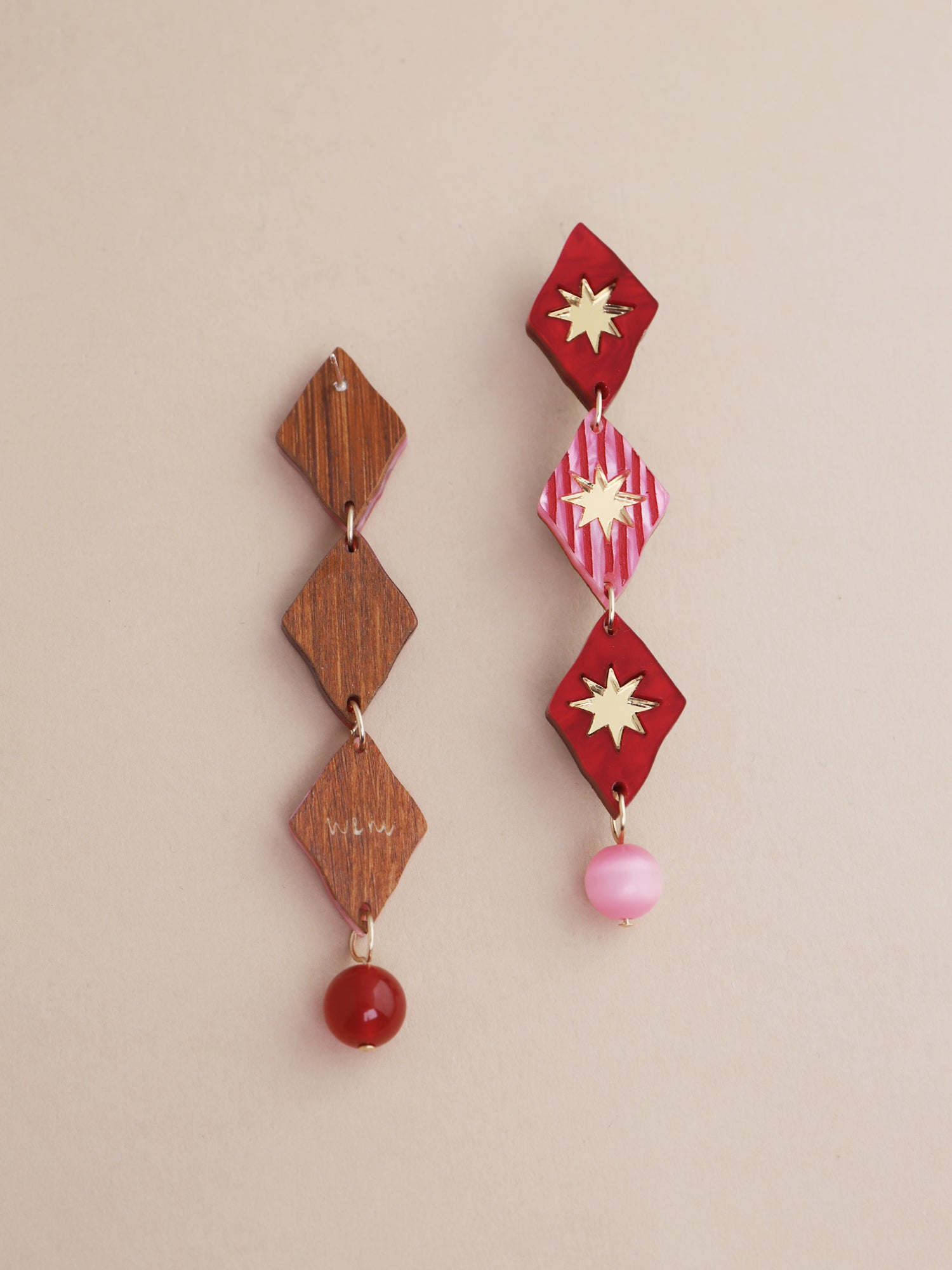 Harley Statement Earrings in Rose featuring hand-inked acrylic and wooden details, handmade in UK by Wolf & Moon.
