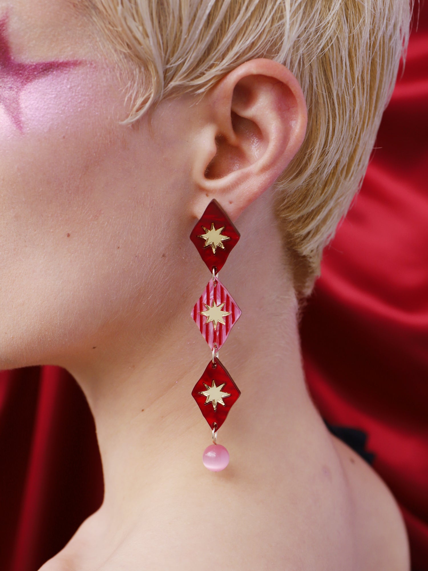 Harley Statement Earrings in Rose showcasing a unique design with hand-inked details, handmade in UK by Wolf & Moon.
