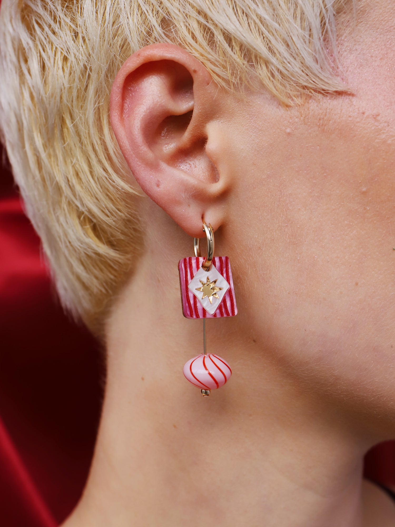 Kaleido Charm Hoops Set in Rose displayed on model, showcasing unique design and handmade details by Wolf & Moon.