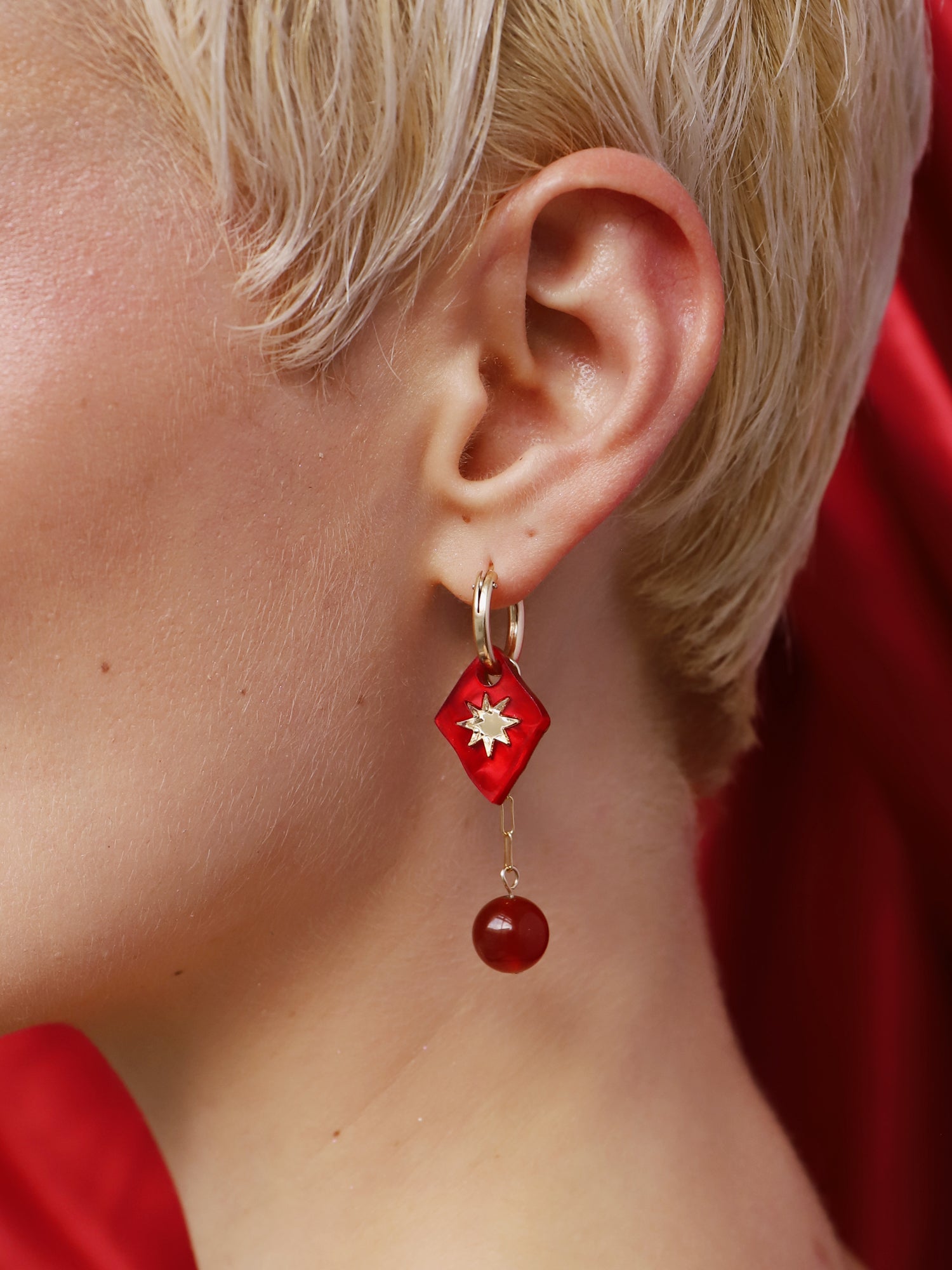 Kaleido Charm Hoops Set in Rose featuring handcrafted red acrylic and gold-filled details for a stylish, lightweight look.