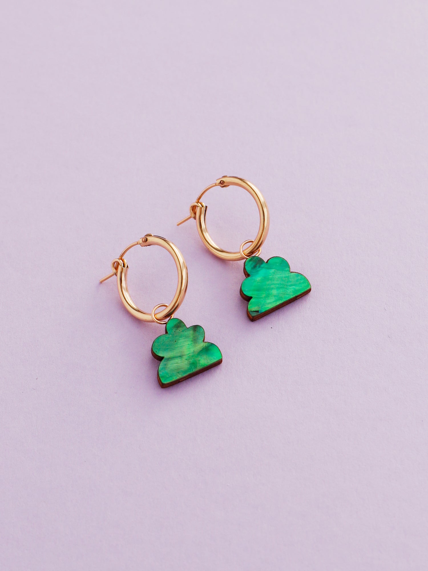 Lena Hoops in Emerald. Confetti-inspired abstract hoop charms, made with a lovely iridescent shell veneer which catches the light beautifully. A perfect layering piece. Made in the UK by Wolf & Moon.