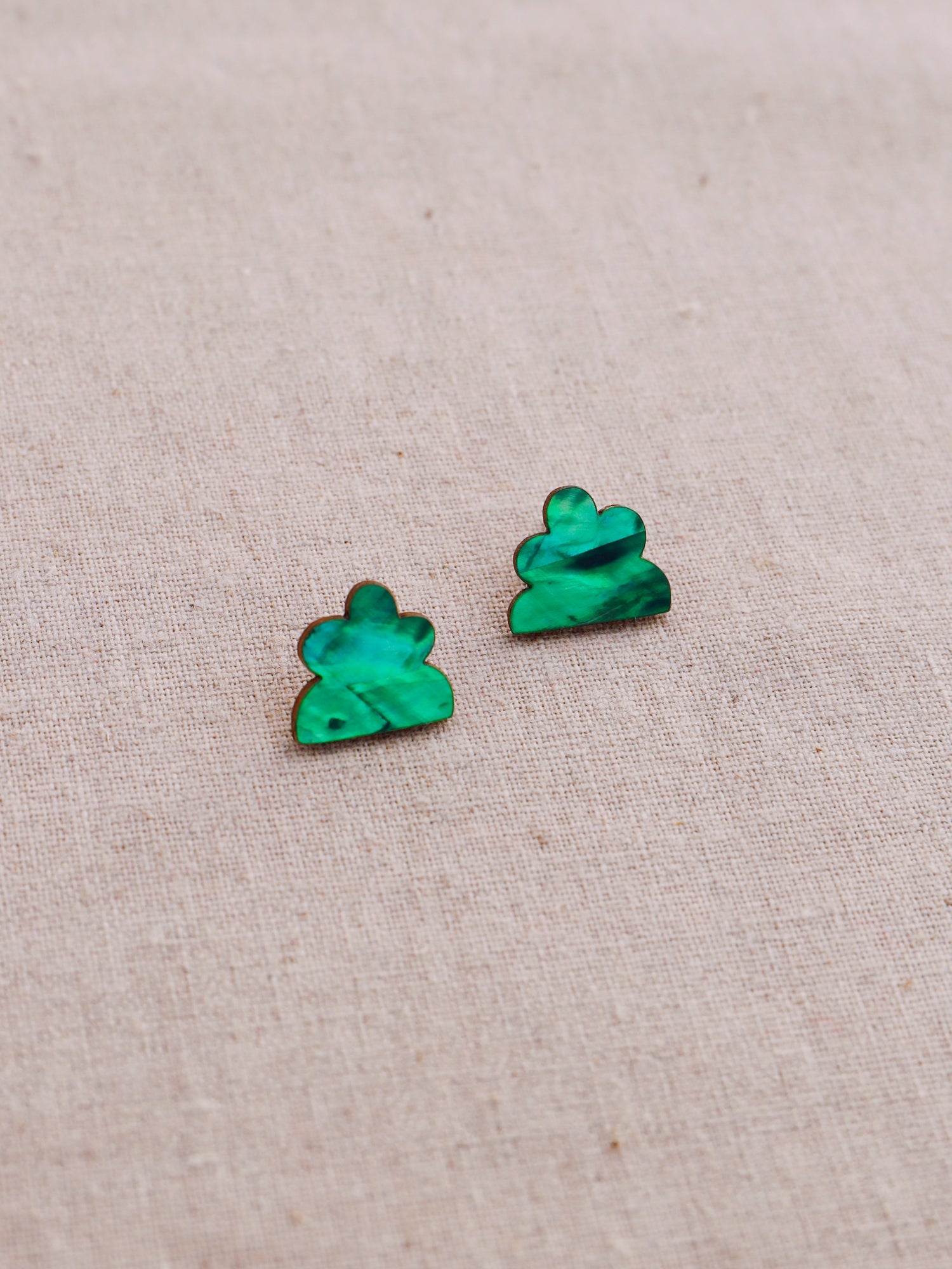 Lena Studs in Emerald. Confetti-inspired abstract studs, made with a lovely iridescent shell veneer. Made in the UK by Wolf & Moon.