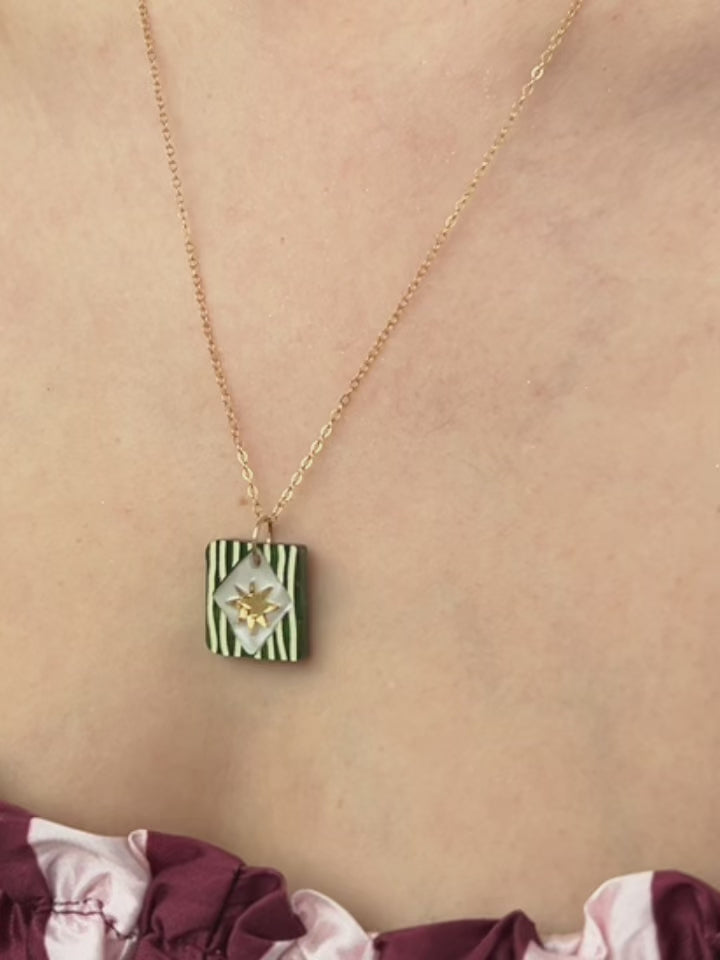 Stella Necklace in Jade featuring a unique pendant with stripes and a gold accent, handmade in UK by Wolf & Moon.