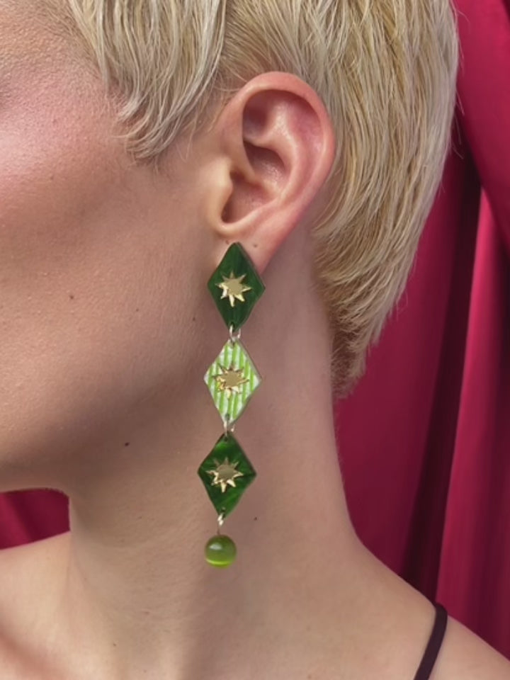 Harley Statement Earrings in Jade worn by model, showcasing unique hand-inked details and lightweight design.