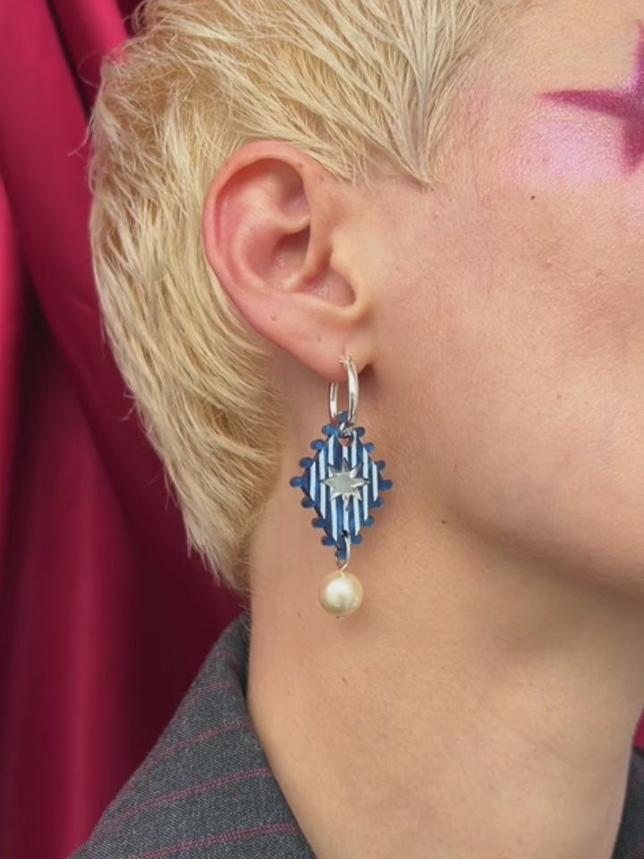 Cirque Hoops in Sapphire, handmade in UK by Wolf & Moon, featuring intricate design and glass pearl details.