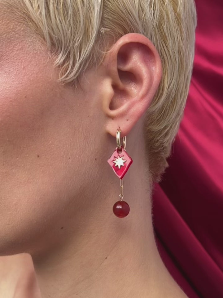 Kaleido Charm Hoops Set in Rose worn by model, showcasing unique handmade design and vibrant colors.