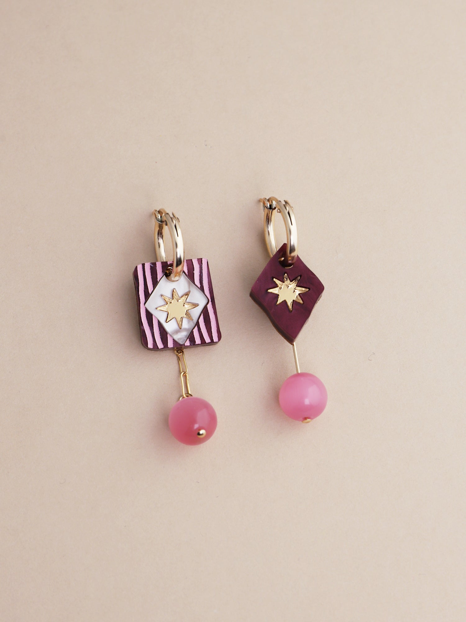 Stella Charm Hoops in Cherry featuring unique charms with hand-inked details by Wolf & Moon, made in UK.