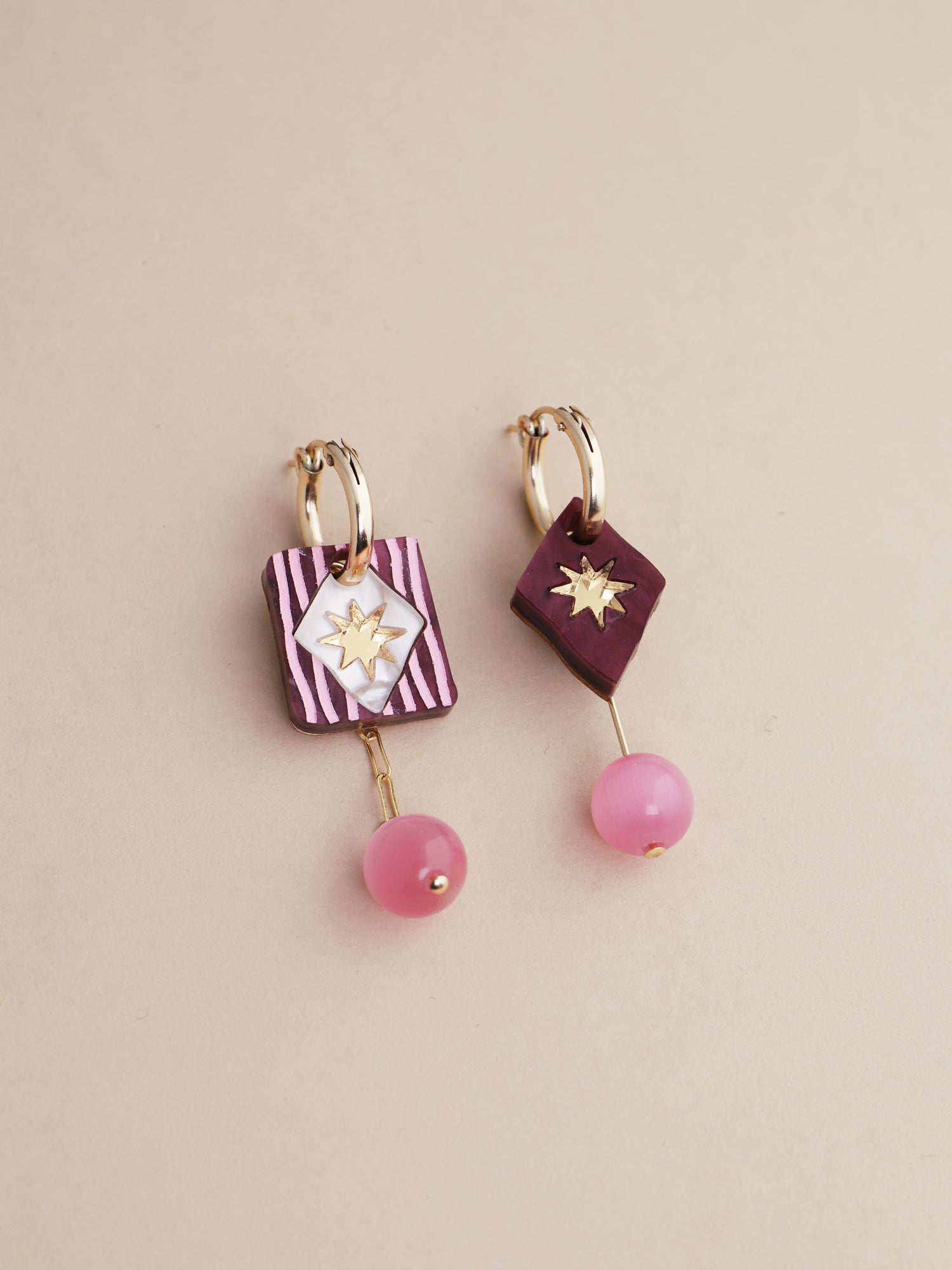 Stella Charm Hoops in Cherry featuring hand-inked acrylic and glass bead details, designed by Wolf & Moon.