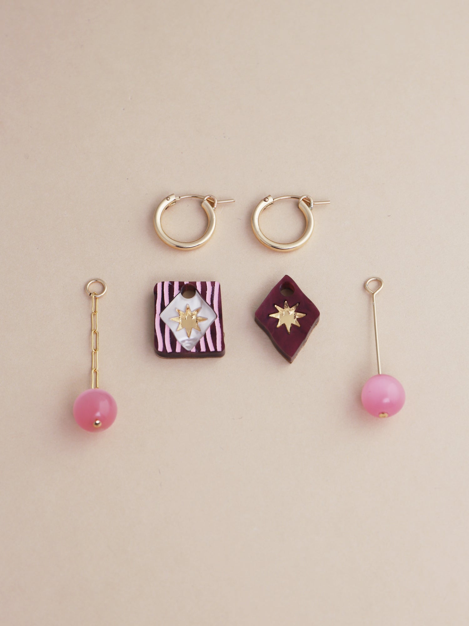 Stella Charm Hoops in Cherry featuring handmade charms and gold-filled hoops by Wolf & Moon.