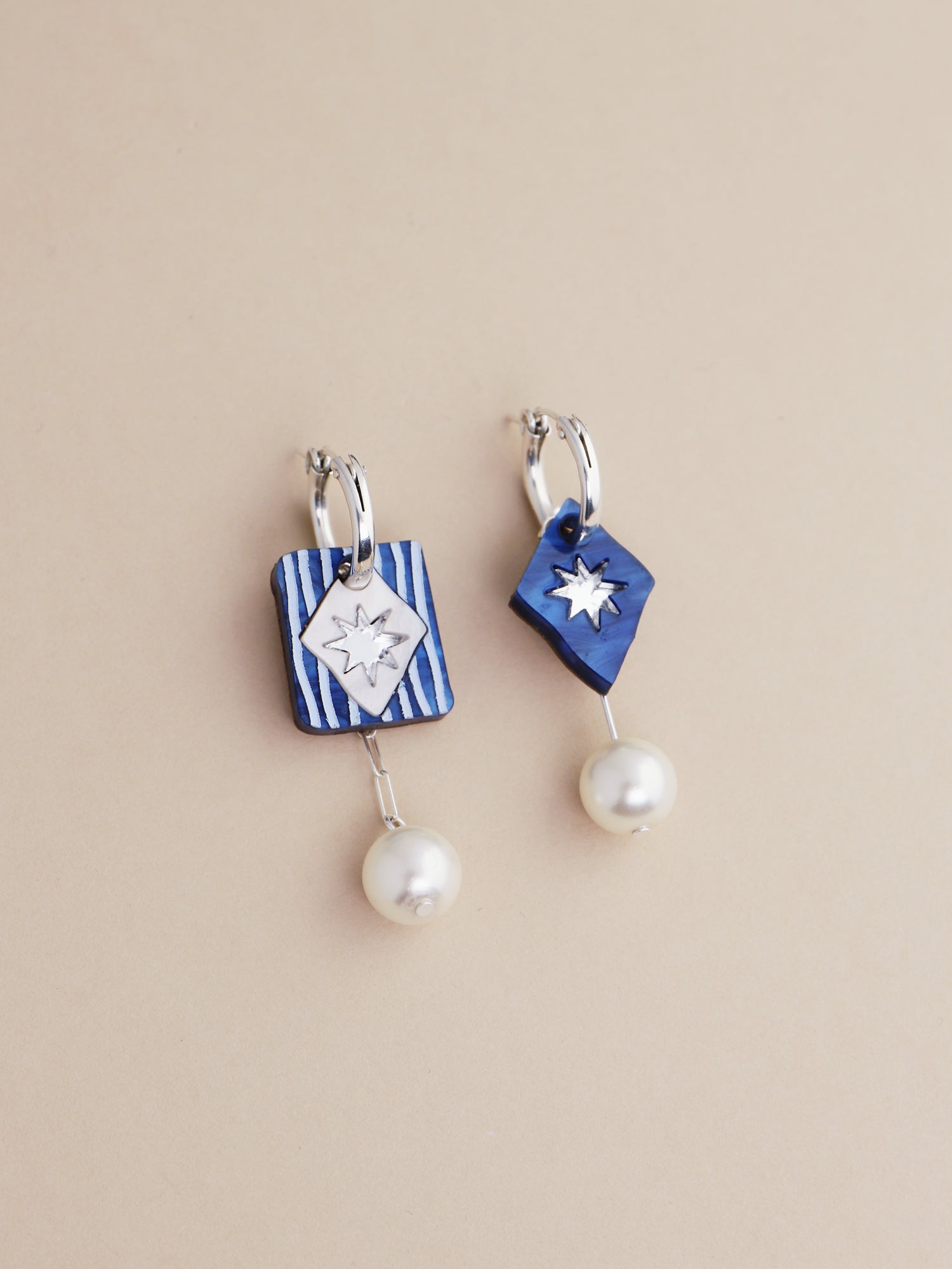 Stella Charm Hoops in Sapphire featuring hand-inked acrylic and glass pearl details, handmade in UK by Wolf & Moon.