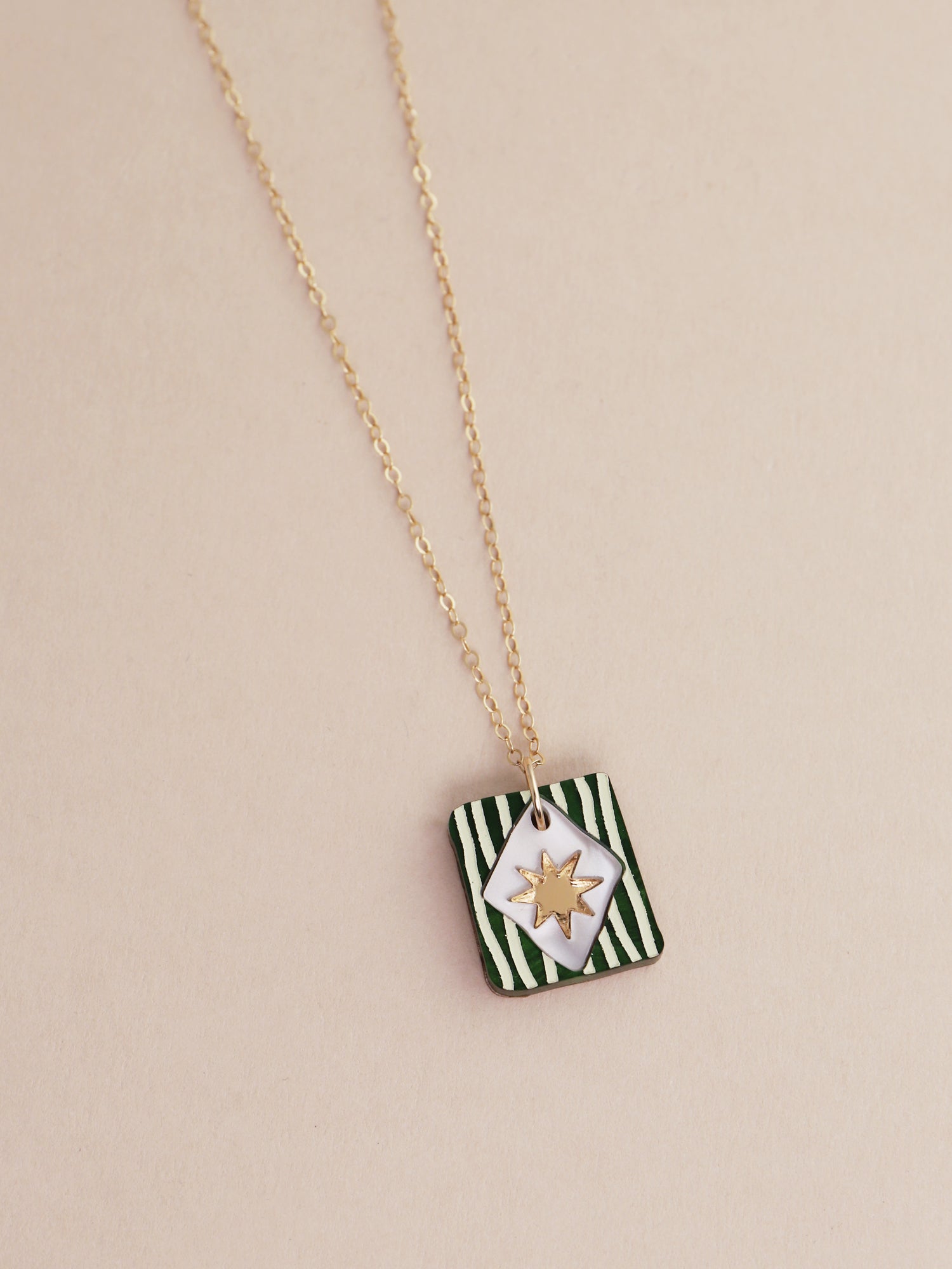 Stella Necklace in Jade by Wolf & Moon, handmade in UK, featuring a unique design and 14k gold-filled chain.