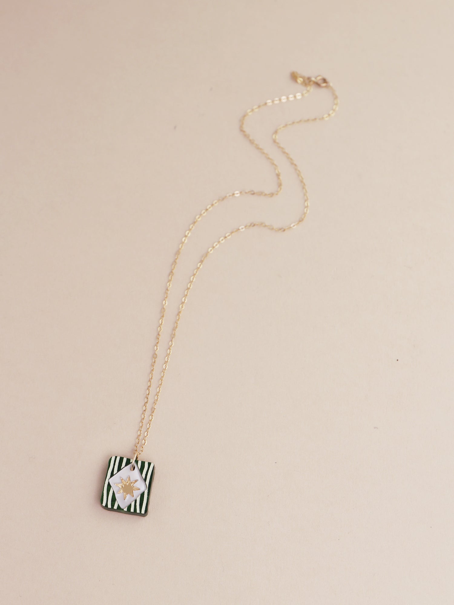 Stella Necklace in Jade by Wolf & Moon, handmade in UK, featuring intricate details and lightweight design.