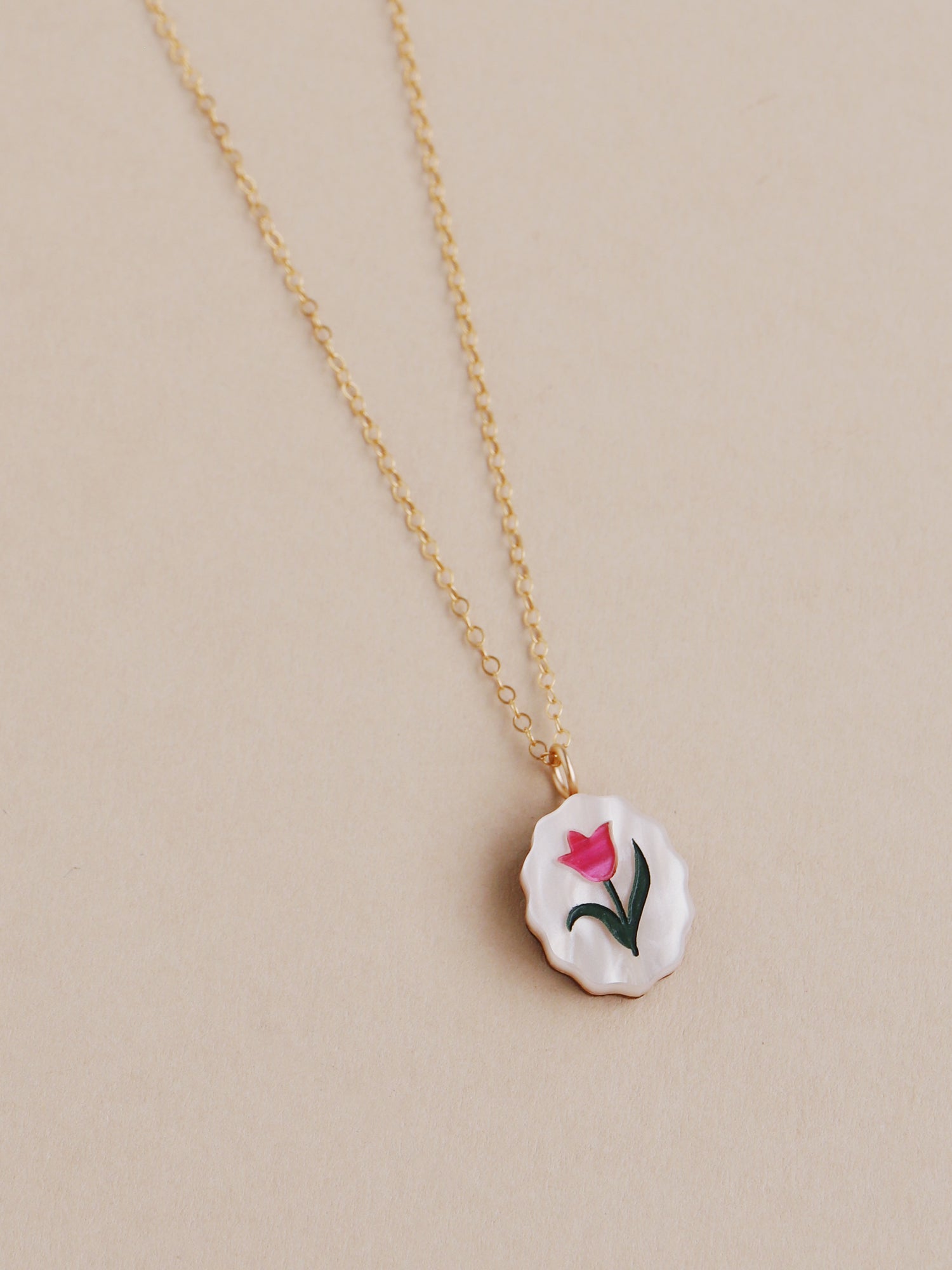 Tulip charm necklace made from acrylic and a 14k gold-filled chain & findings. Handmade in the UK by Wolf & Moon
