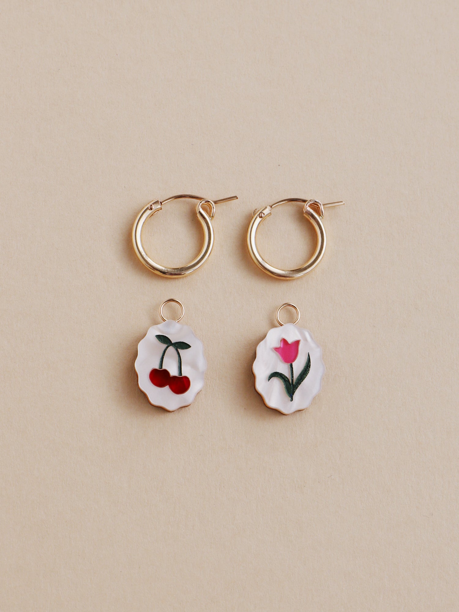 Tulip and cherry charm hoop earrings. Made from acrylic and 14k gold-filled hoops & findings.  Handmade in the UK by Wolf & Moon.