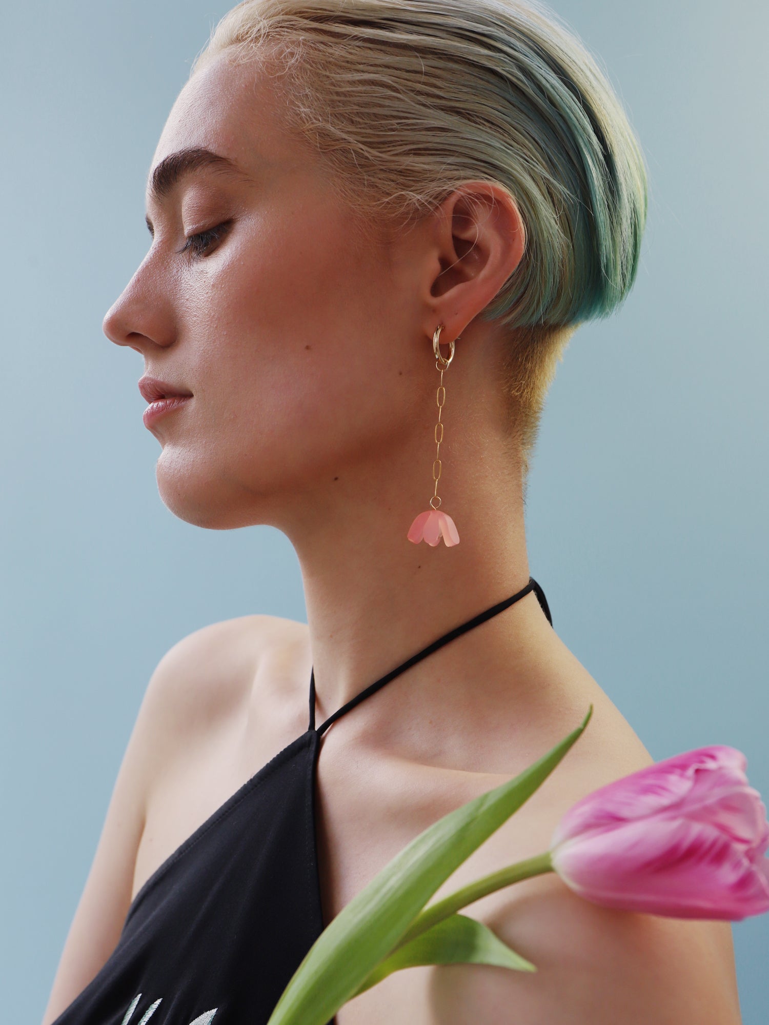 Red & pink sculptural tulip drop hoop earrings. Made from heat-formed acrylic with high quality glass pearls and 14k gold-filled findings. Handmade in the UK by Wolf & Moon