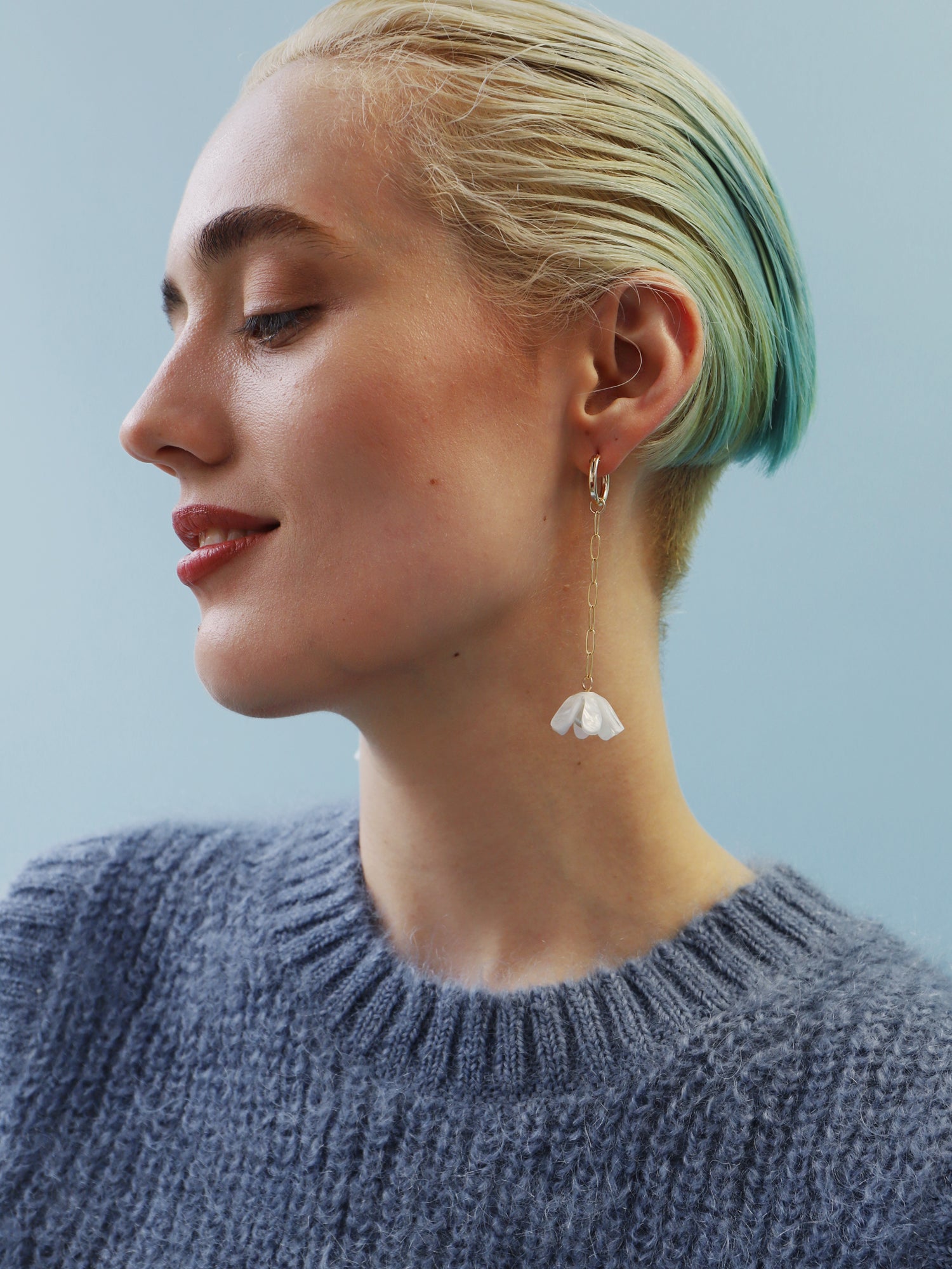 White, sculptural tulip drop hoop earrings. Made from heat-formed acrylic with high quality glass pearls and 14k gold-filled findings. Handmade in the UK by Wolf & Moon