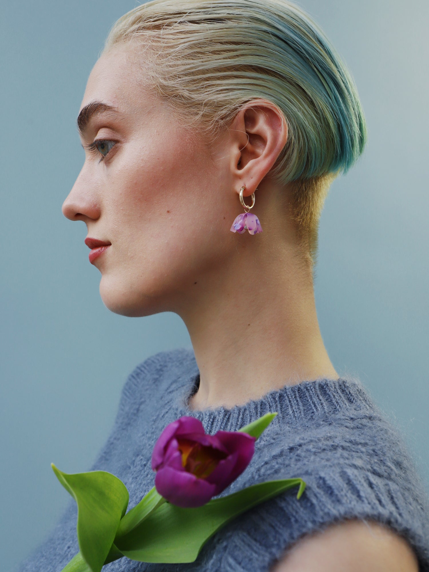 Purple, sculptural tulip hoop earrings. Made from heat-formed acrylic with high quality glass pearls and 14k gold-filled findings. Handmade in the UK by Wolf & Moon.