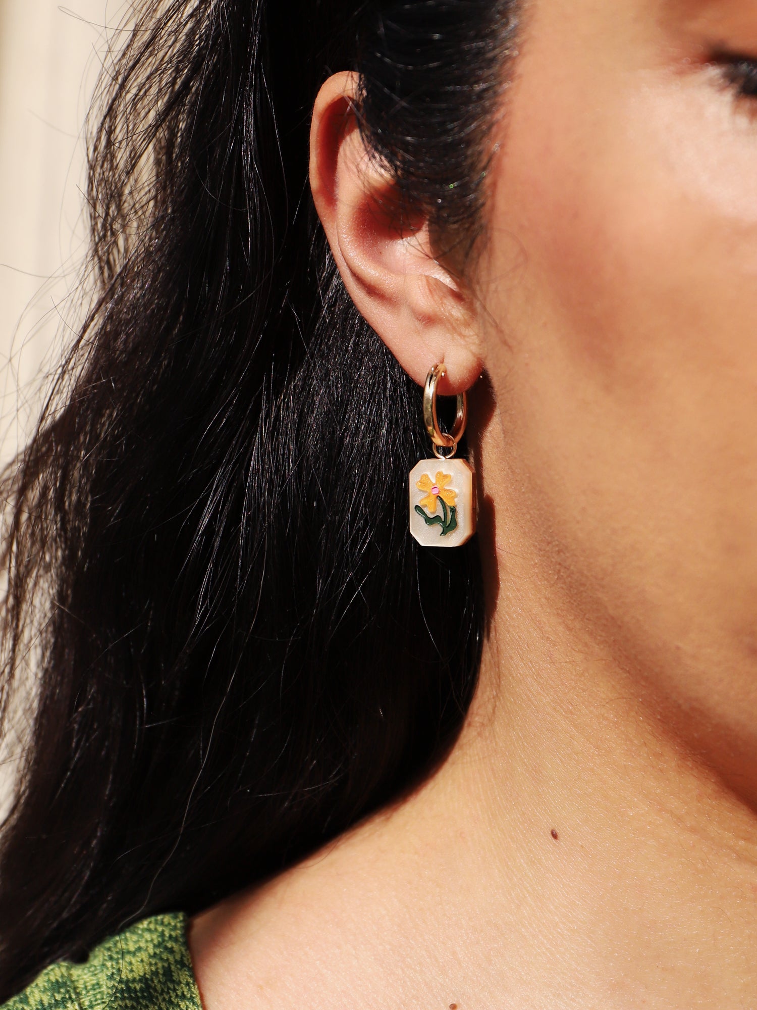 Flower charm hoop earrings. Made from acrylic and 14k gold-filled hoops & findings.  Handmade in the UK by Wolf & Moon.