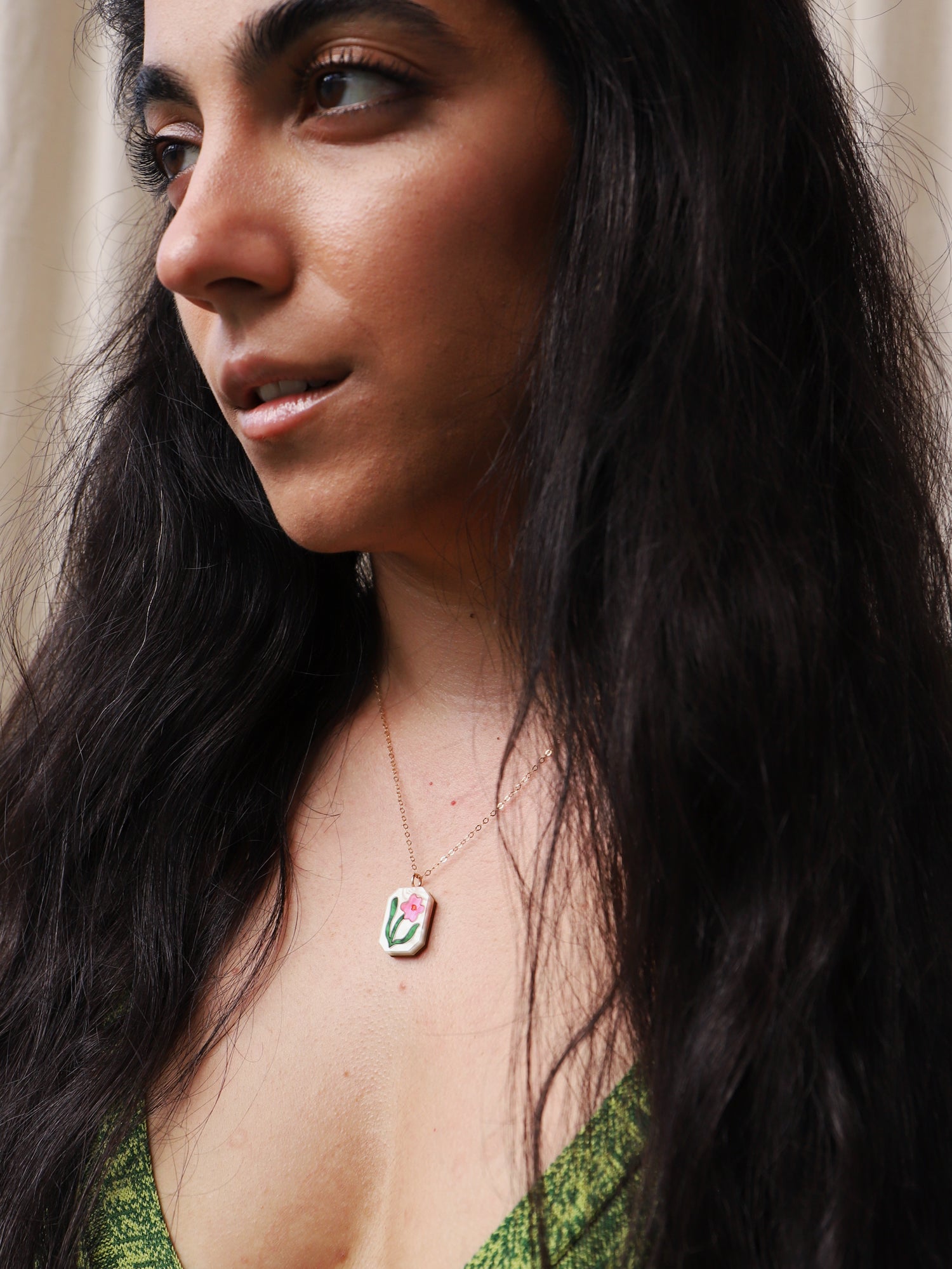 Flower charm necklace made from acrylic and a 14k gold-filled chain & findings. Handmade in the UK by Wolf & Moon