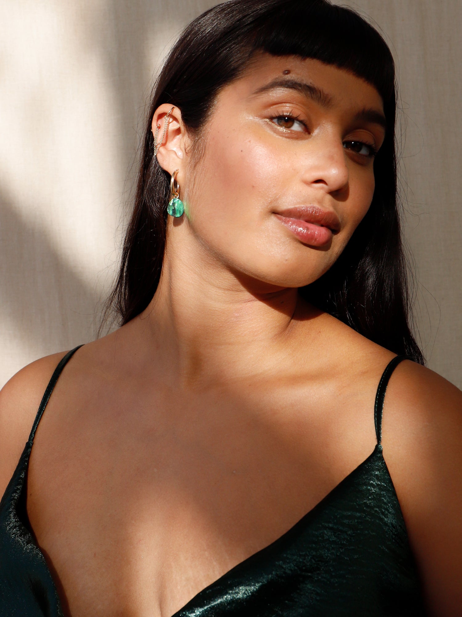 Beatrice Hoops in Emerald. Simple abstract form charm earrings. Made with emerald mother of pearl veneer on our signature wooden base and gold-filled findings. Available with 19mm gold-filled hoops or just as charms on their own. Handmade in the UK by Wolf & Moon.