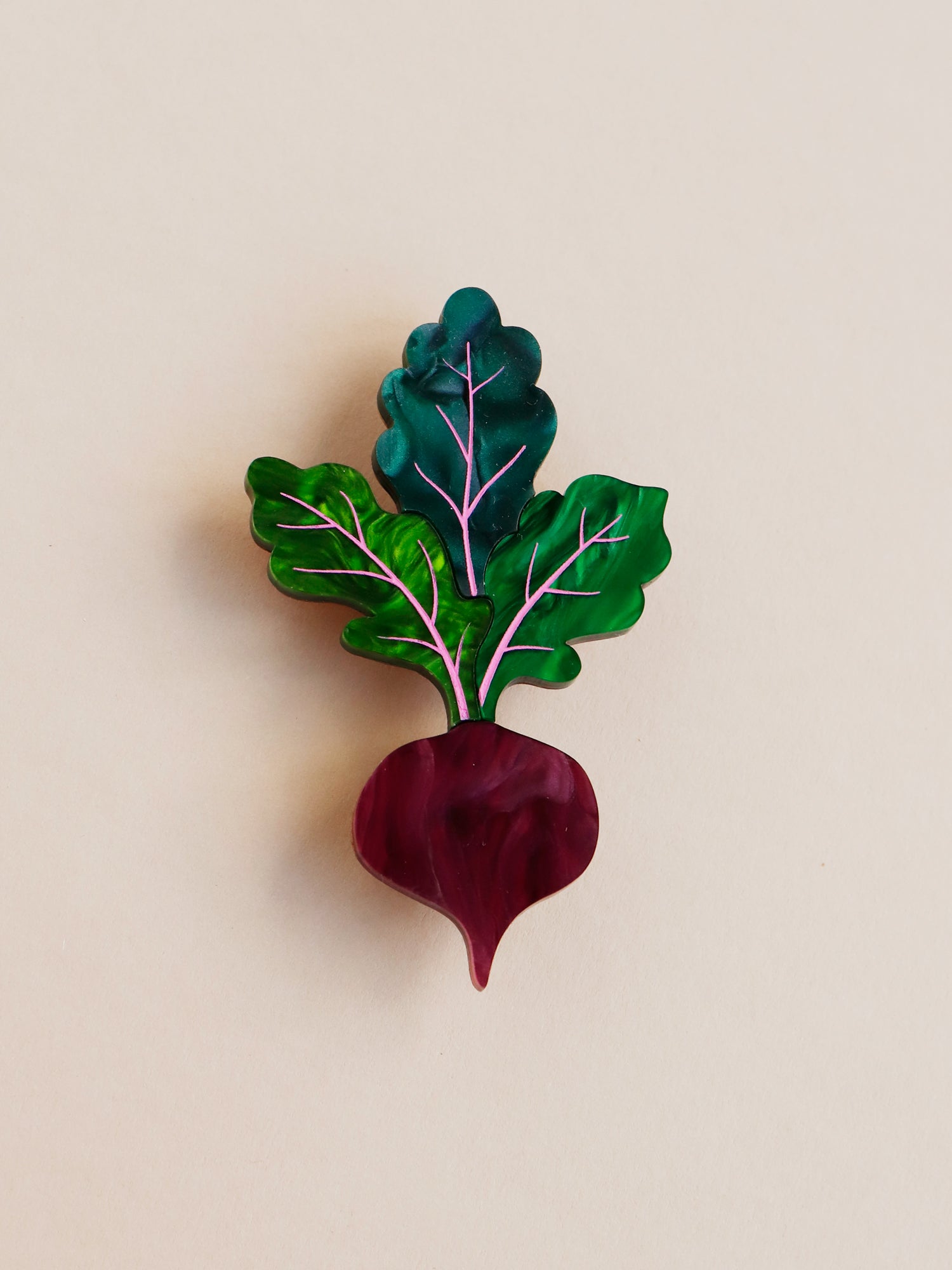 Purple and green statement hand-inked beetroot brooch. Handmade in London by Wolf & Moon.