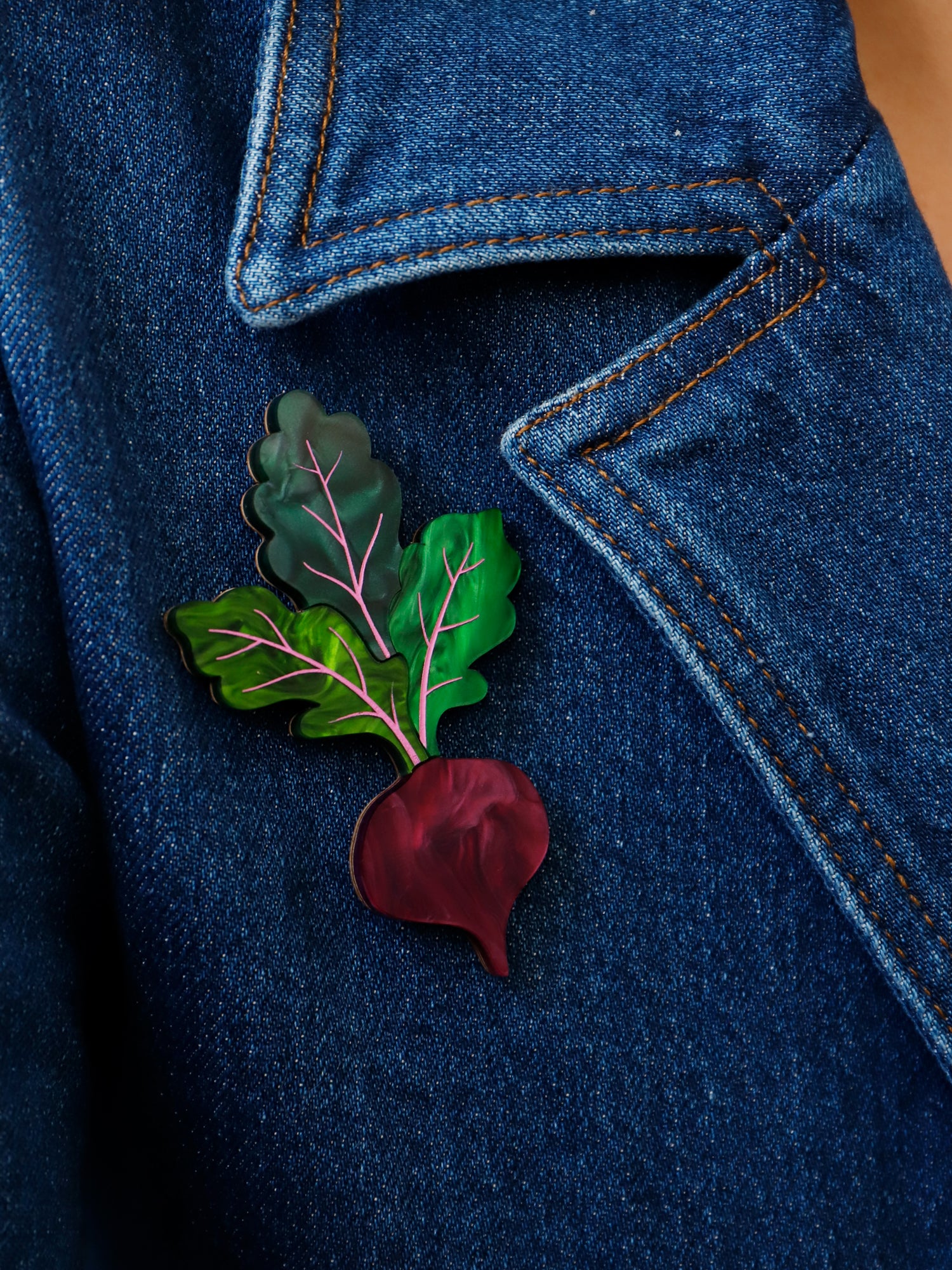 Purple and green statement hand-inked beetroot brooch. Handmade in London by Wolf & Moon.