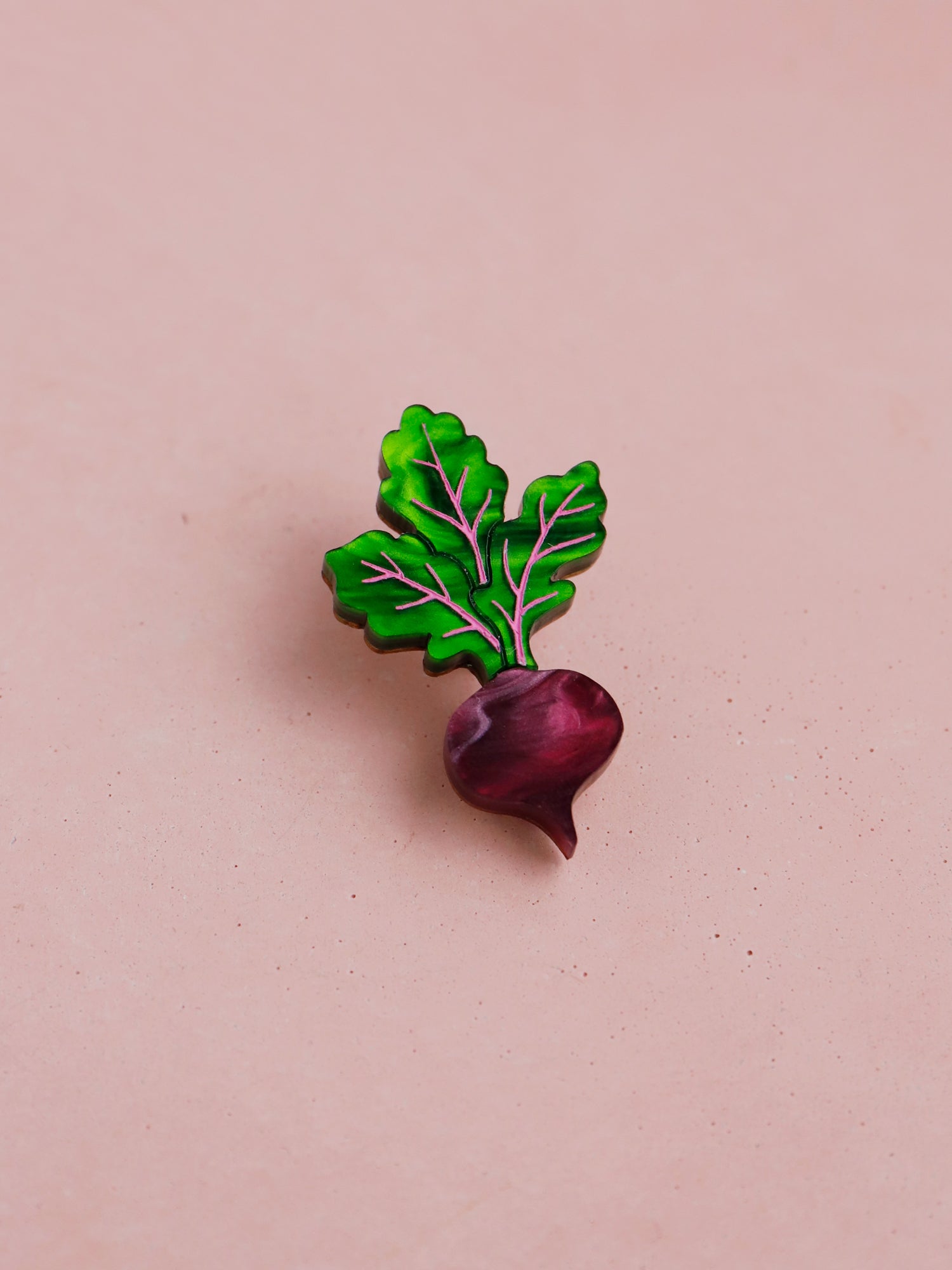 Purple and green acrylic hand-inked mini beetroot pin. Handmade in London by Wolf & Moon.