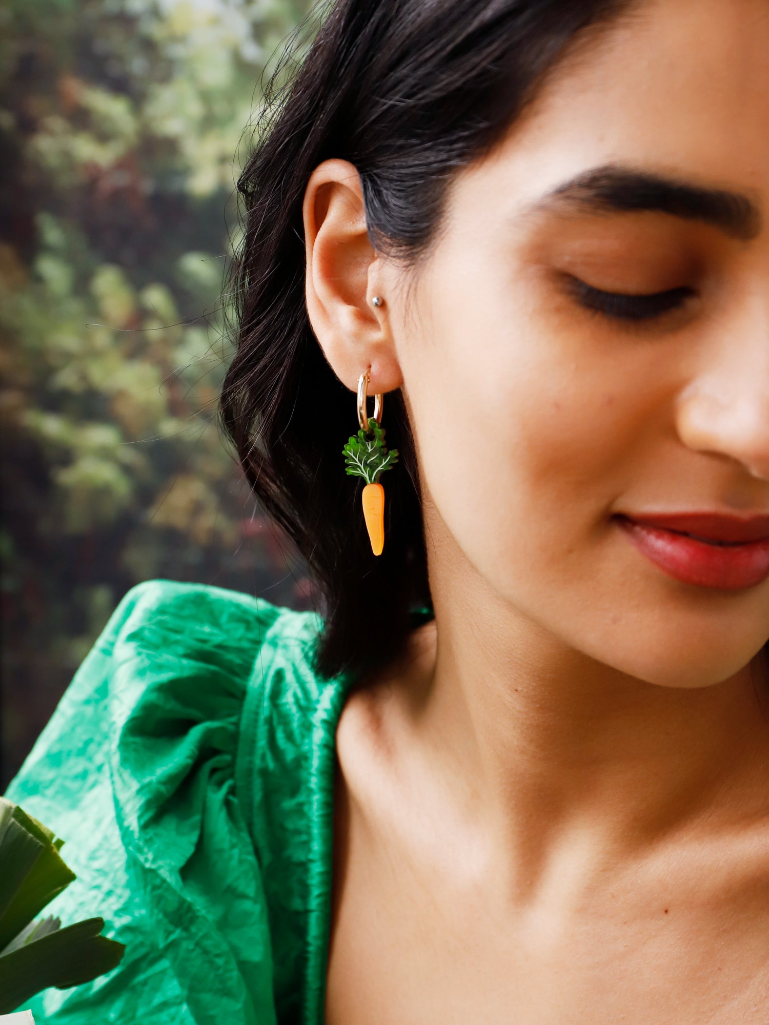 Orange and green carrot charm acrylic earrings with optional gold-filled hoops. Handmade in London by Wolf & Moon.