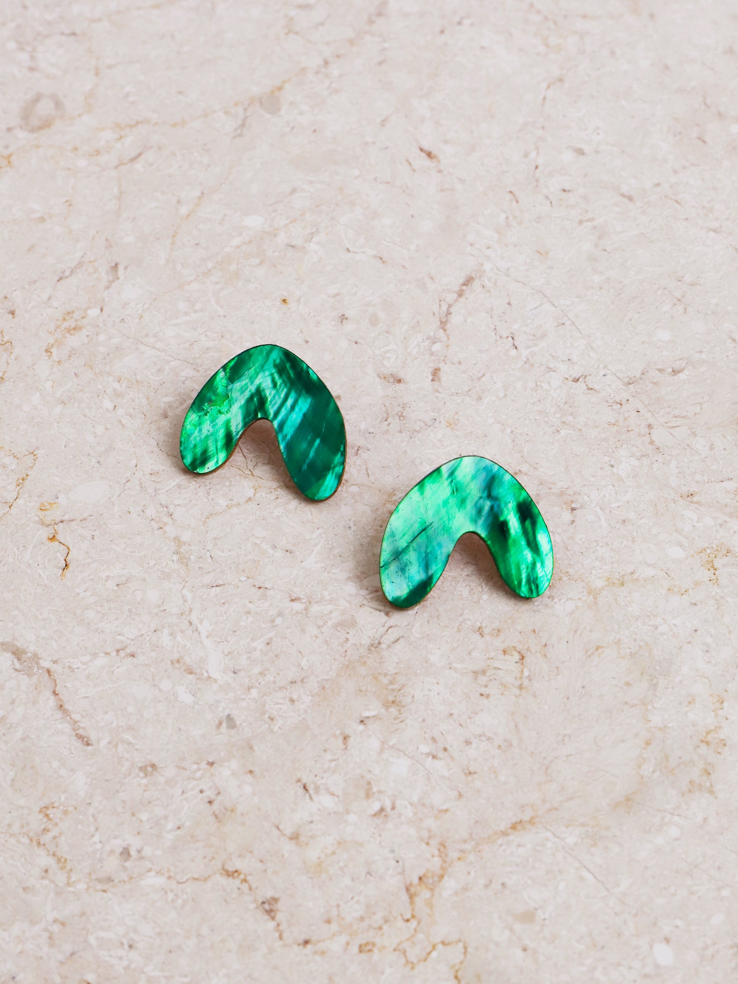 Cassia Studs in Emerald. Sophisticated everyday studs made with FSC approved wood and emerald tone mother of pearl. Made in the UK by Wolf & Moon.