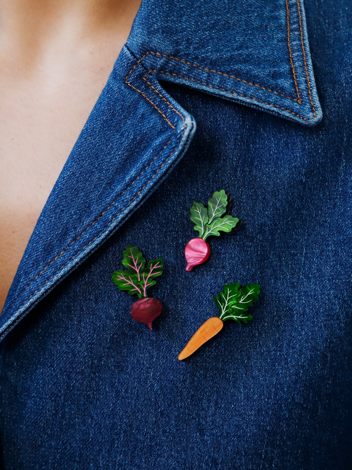 Pin set including our mini carrot, beetroot and radish vegetables. Made with acrylic and our FSC approved wood backing. 1 x silver tone brooch pin & locking clasps. Handmade in London by Wolf & Moon.