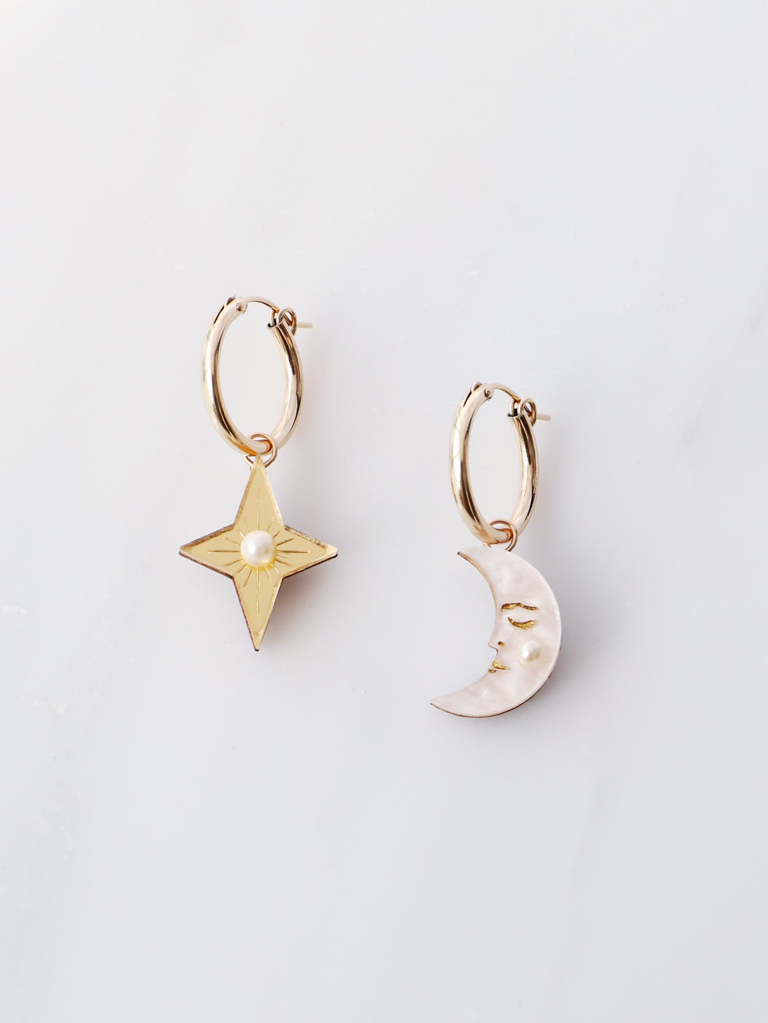 Moon & Star Hoops - Gold. Original jewellery handmade in the U.K. by Wolf & Moon.