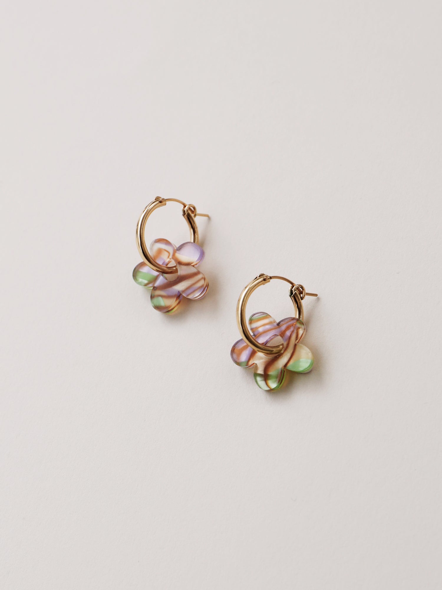 Flower charms in iridescent ripple. Made from our recycled acrylic. Paired with 14k gold-filled hoops. Handmade in the UK by Wolf & Moon.
