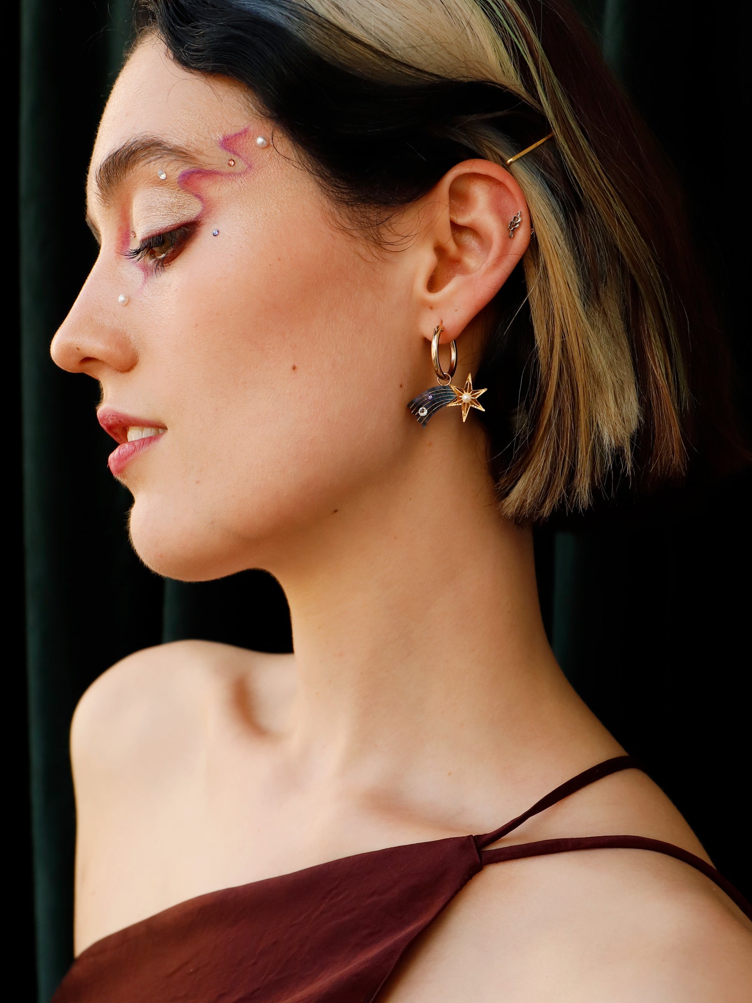 Shooting Star & Saturn Hoops. Charm earrings made with laser cut acrylic, Czech glass pearls and hand inked details. Handmade in the UK by Wolf & Moon.