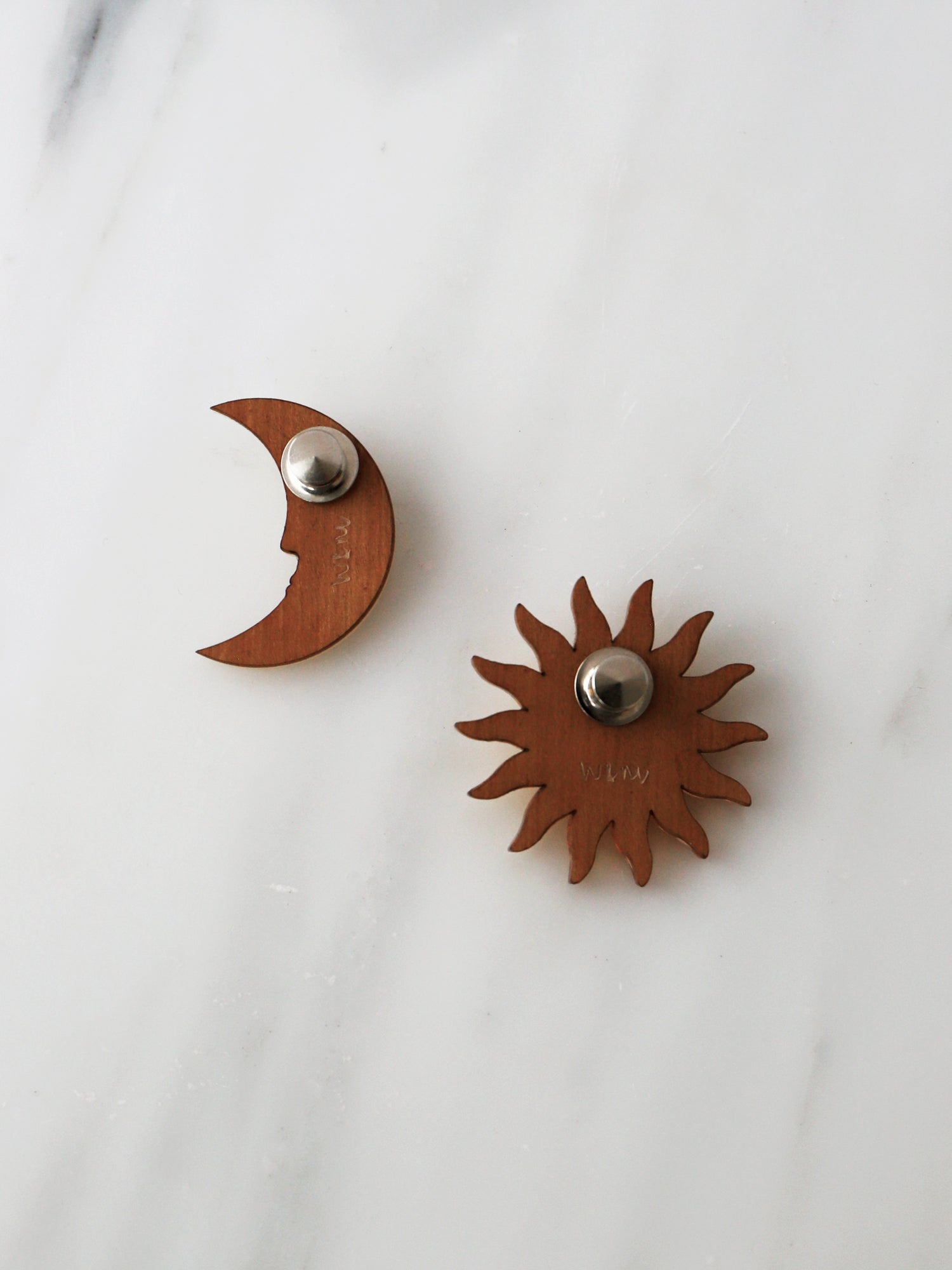 Sun & Moon Brooch Set. 2 brooches made with laser cut acrylic, Czech glass pearls and hand inked details. Handmade in the UK by Wolf & Moon.